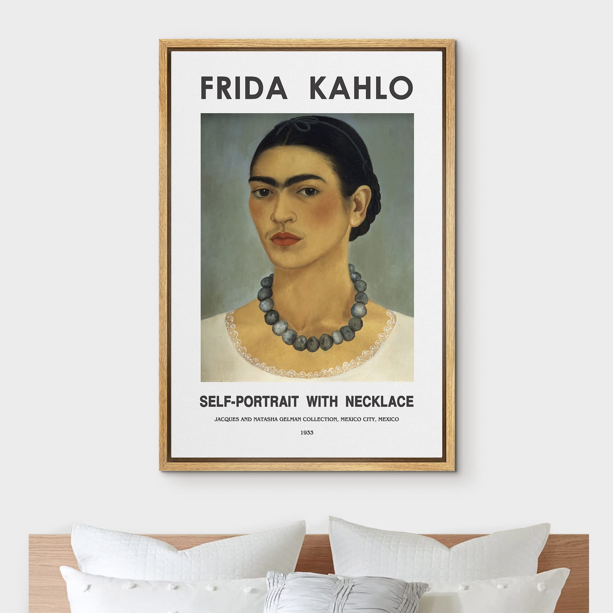 Idea4Wall Framed Canvas Print Wall Art Self-Portrait With Necklace By Frida Kahlo Historic Cultural Illustrations Fine Art Tradi
