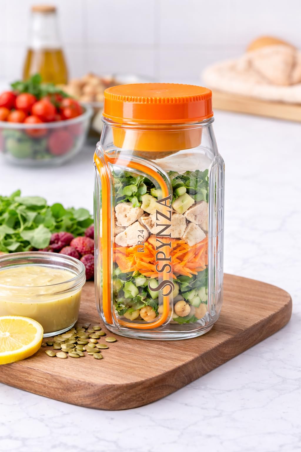 RB24 SPYNZA Salad Jar with Side Opening, On-The-Go Salad Container with Dressing Cup, Leak-Resistant Meal Prep Jar for Work & Tr