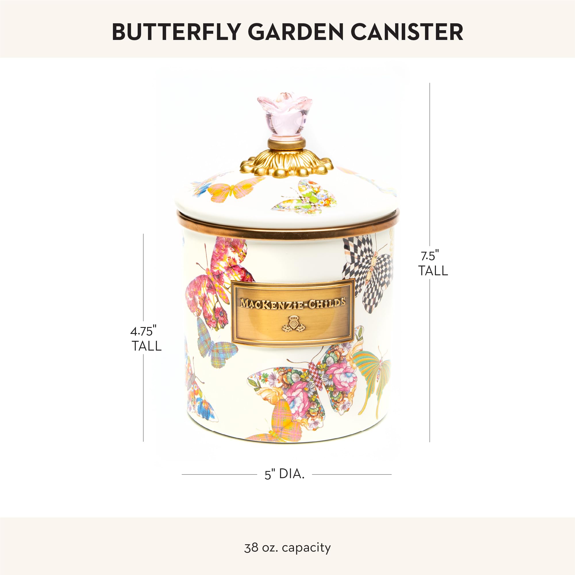 Mackenzie-Childs Butterfly Garden Enamel Canister, Pretty Kitchen Storage Container With Lid, Small