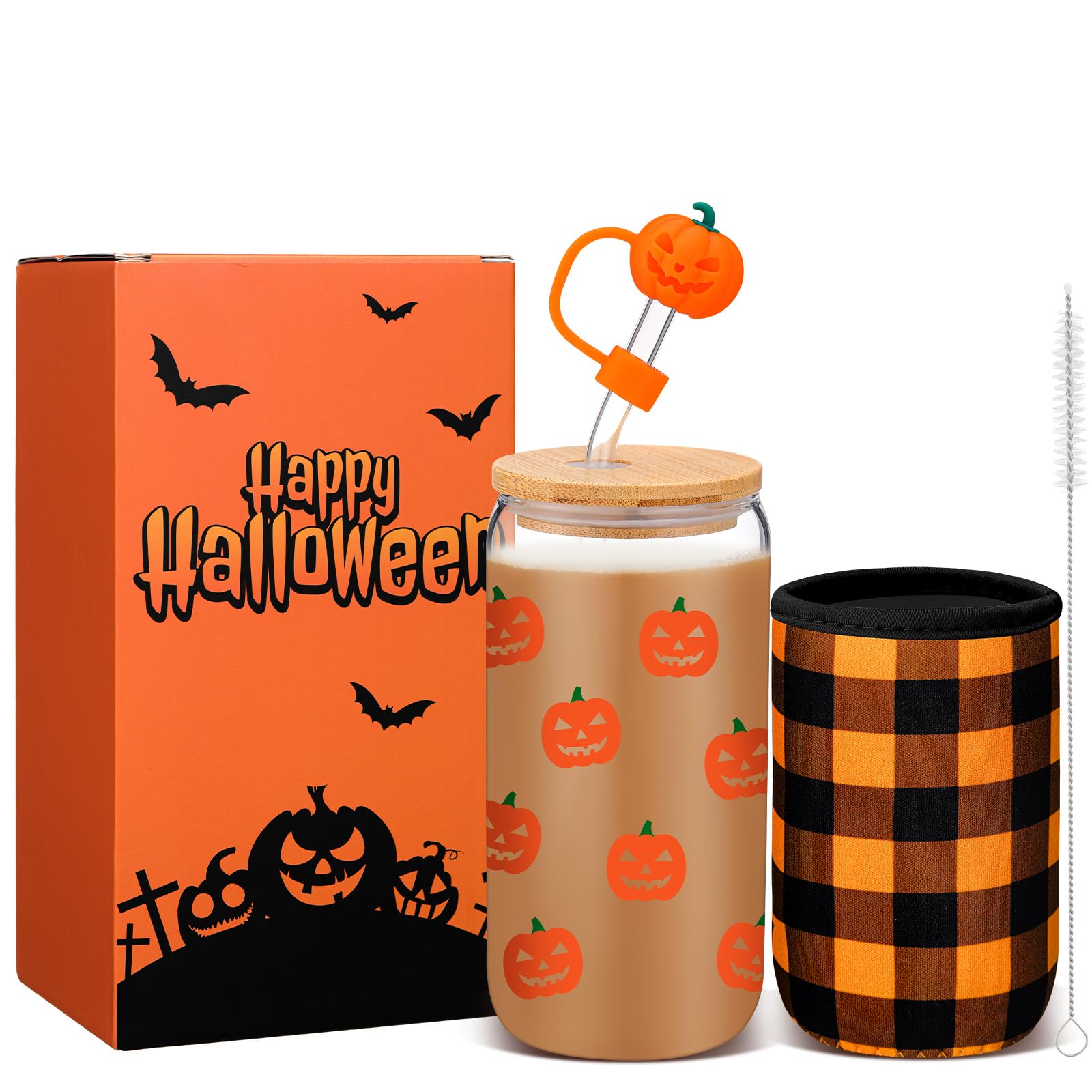 Blushtier Halloween Glass Coffee Cup with Lid and Straw 16oz Spooky Iced Coffee Mug with Sleeve Boo Basket Stuffers Halloween Gi