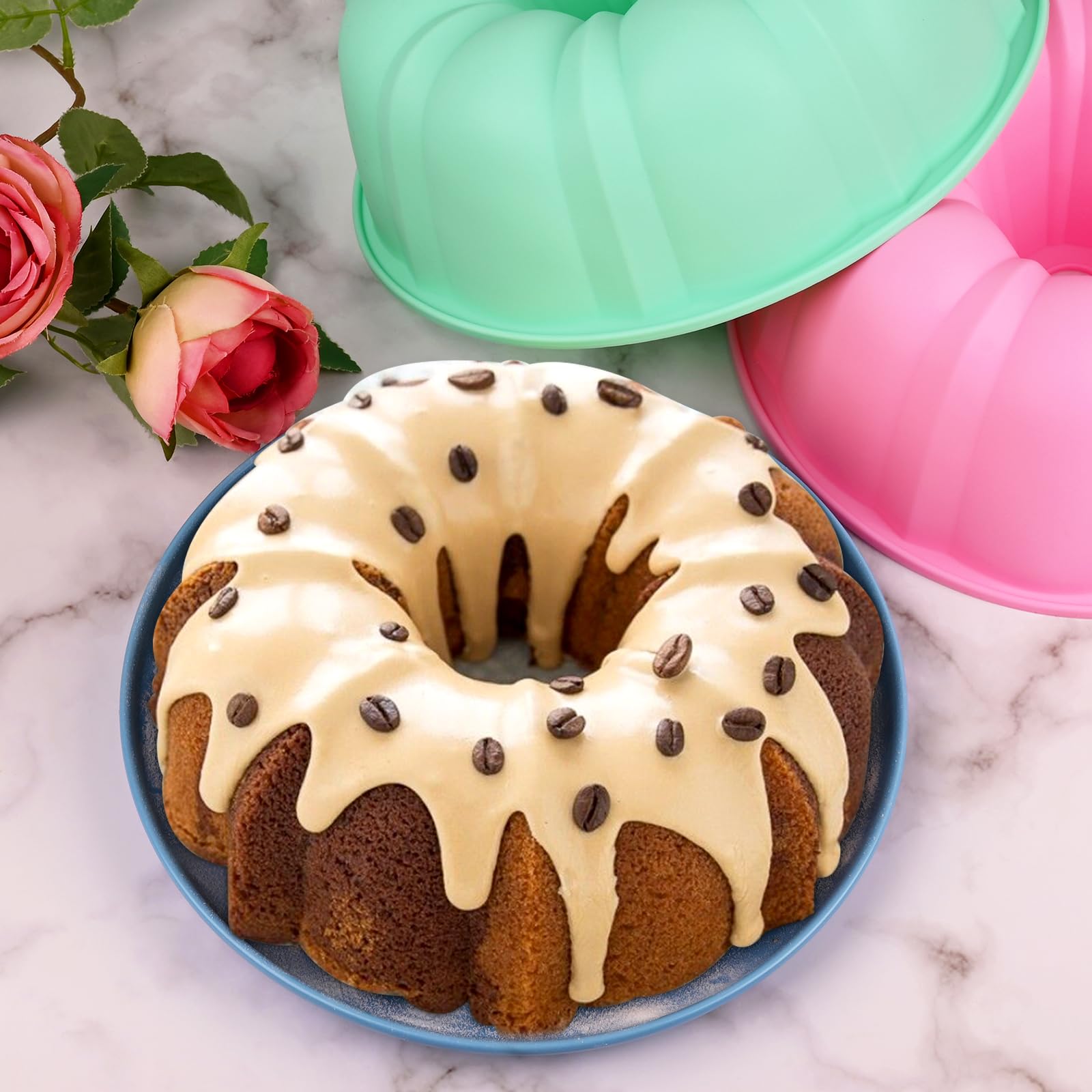 Huakener 10 Inch Bundt Cake Pan (2 Pack) - 12 Cups Nonstick Fluted Tube Pan, Large Size Silicone Baking Molds For Cake, Brownie,