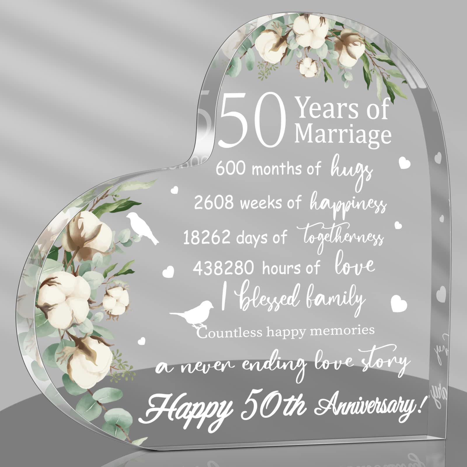 Yulejo Wedding Gift for Her: 50th Anniversary Keepsake Acrylic Heart Decor (White, 15.1 x 15.1 x 1.4 cm / 5.9 x 5.9 x 0.55 inche