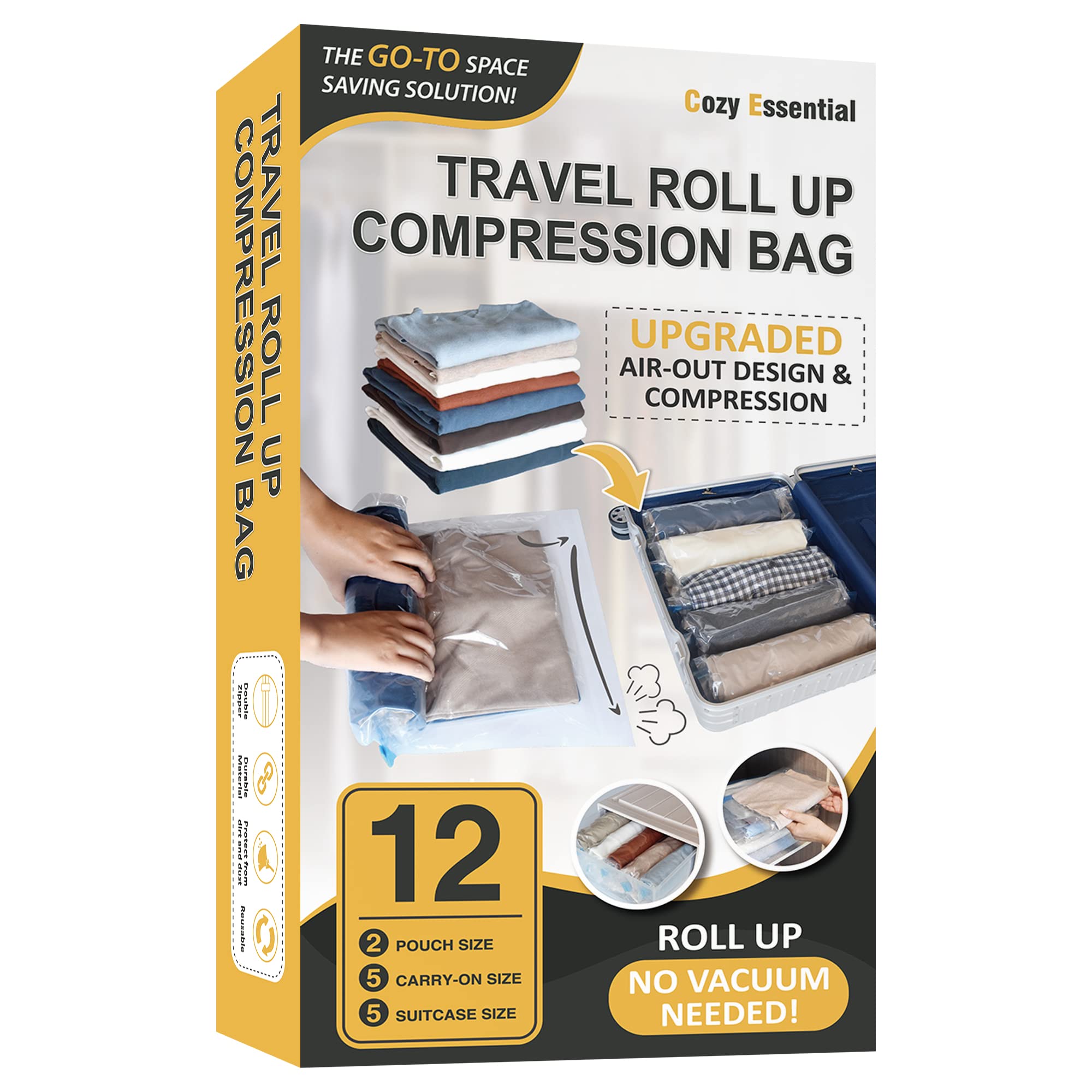 12 Travel Compression Bags Vacuum Packing, Roll Up Space Saver Bags For Luggage, Cruise Ship Essentials (5 Large /5 Medium/2 Sma