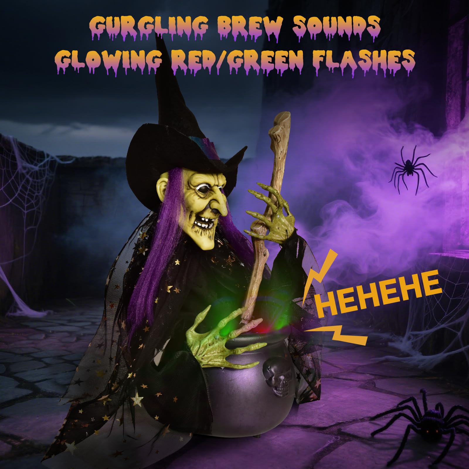 Halloween Decorations, 1.4 ft. Animated Witches with Light Cauldron Decoration, Touch and Sound Activated, Haunted House Witch P