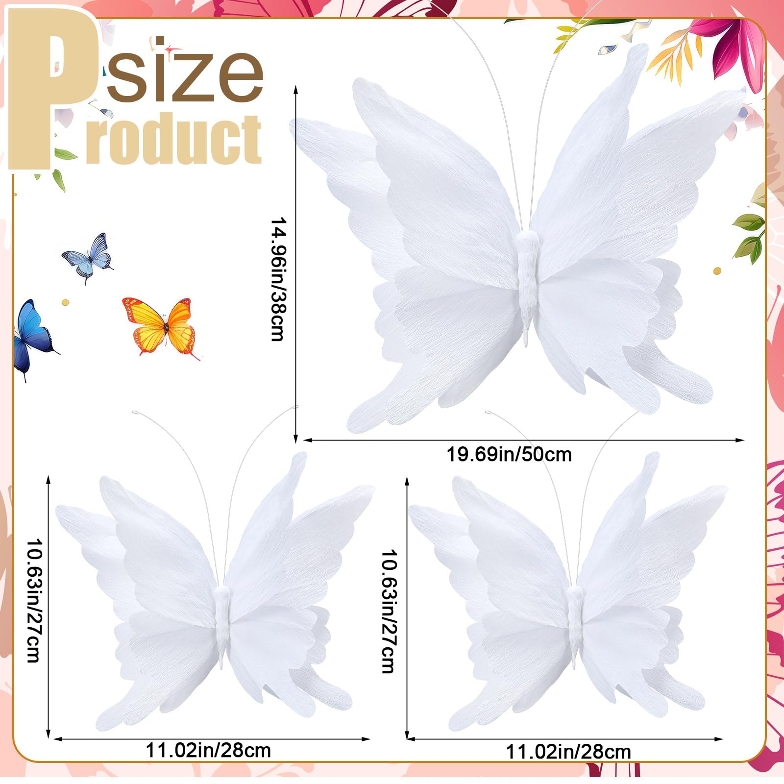 Honoson 3pcs Large Butterfly Party Decorations Hanging 3D Crepe Paper Butterfly Decoration Giant Supply for Christmas Party Birt