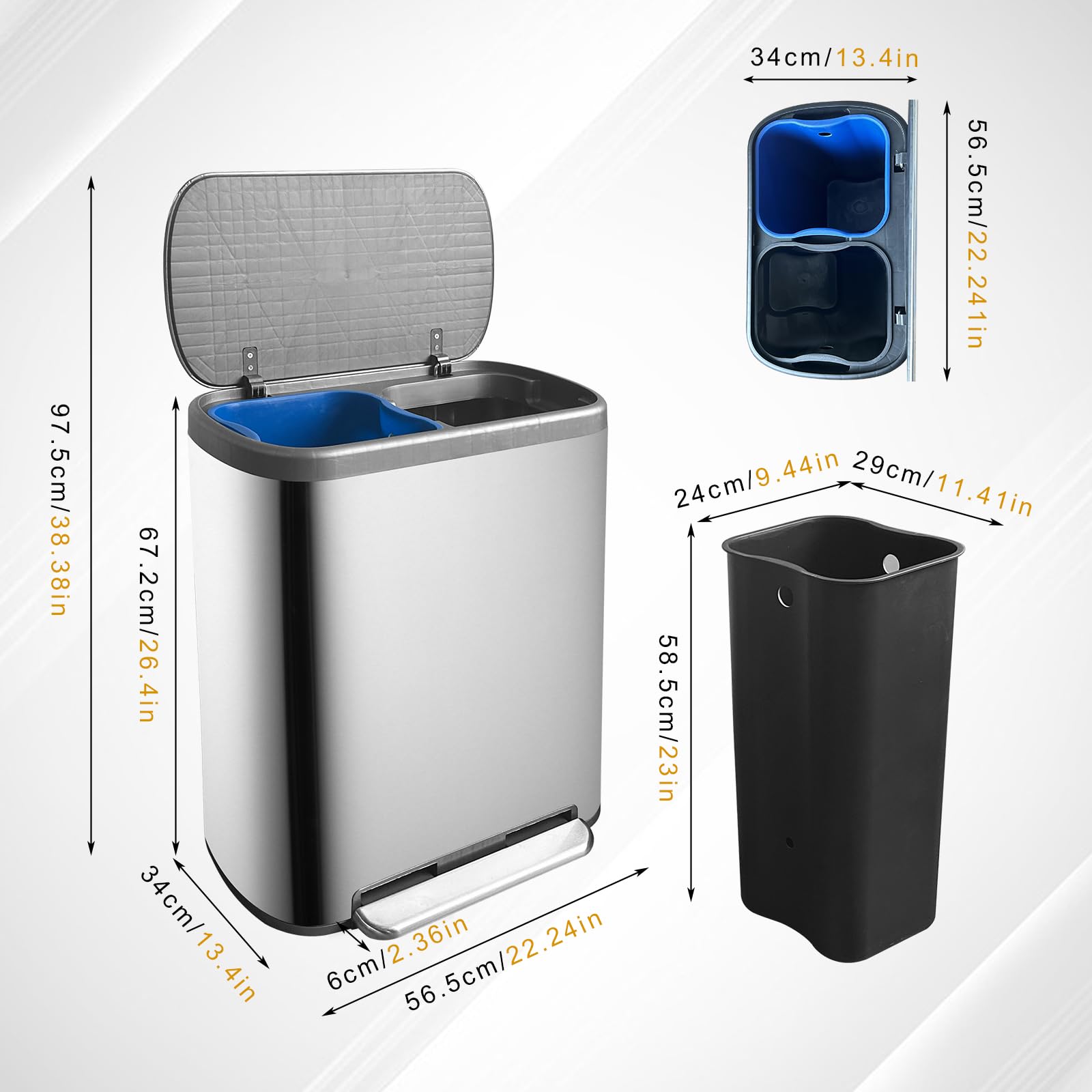 Jm Yipeng 16 Gallon Dual Trash Can,60 Liter Trash Recycle Bin Combo With Soft-Close Lid,2 X 8 Gallons Double Trash Can With With