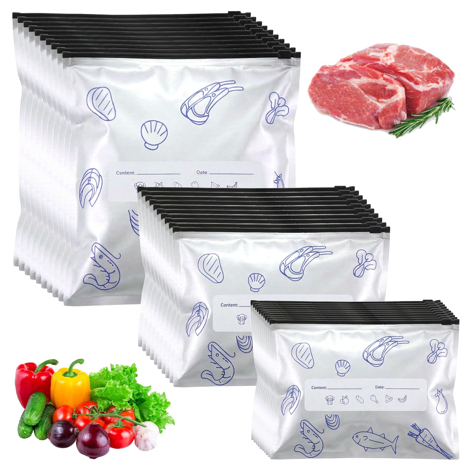 Xthrotsenk 30Pcs Aluminum Foil Storage Bags Reusable Food Storages Bag Sealable Freezer Bags with Label for Kitchen Vegetable Fr
