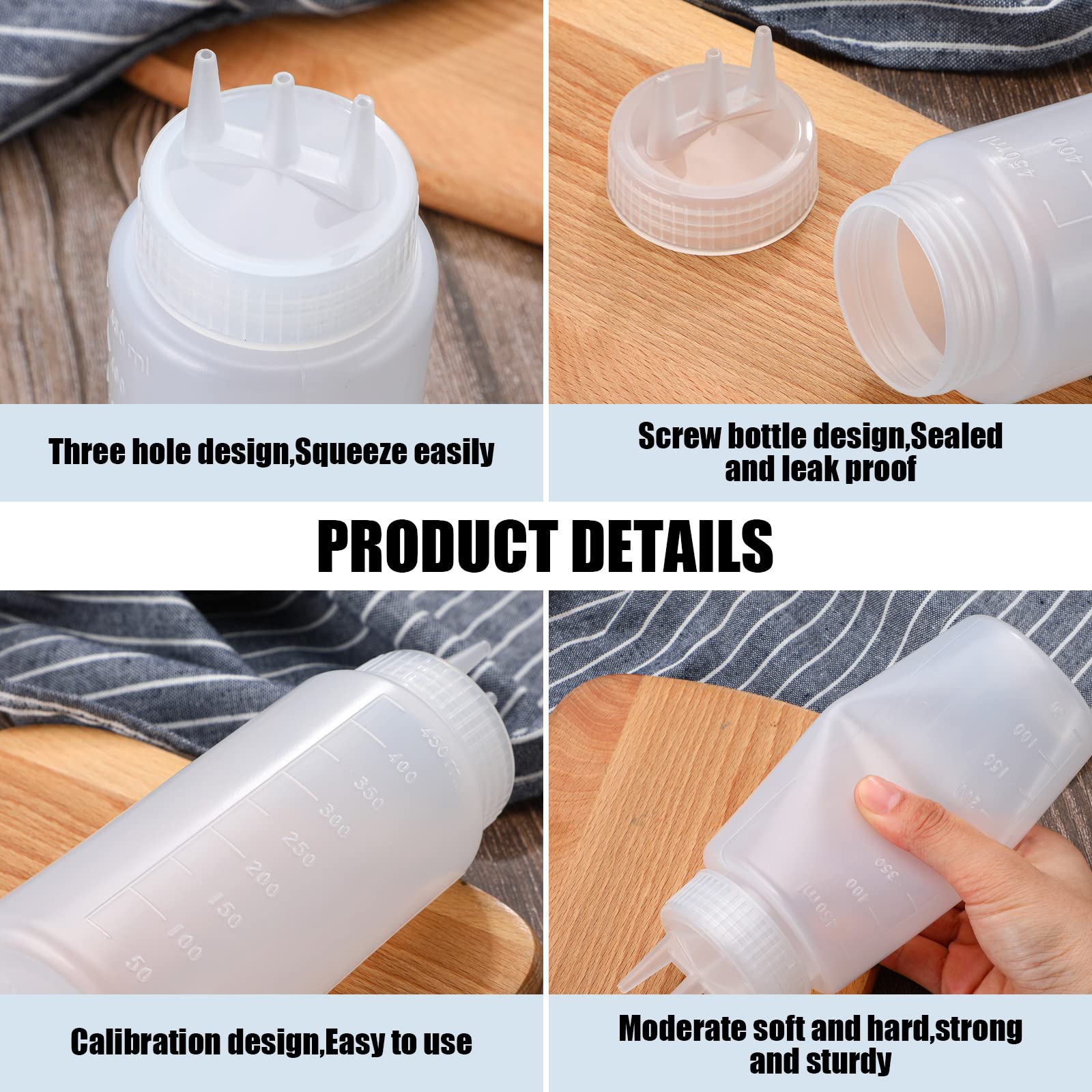 Dingion 8 Pcs 3 Hole Squeeze Bottles 16 Oz Plastic Condiment Squeeze Bottles Salad Dressing Container Sauces Squeeze Bottles For