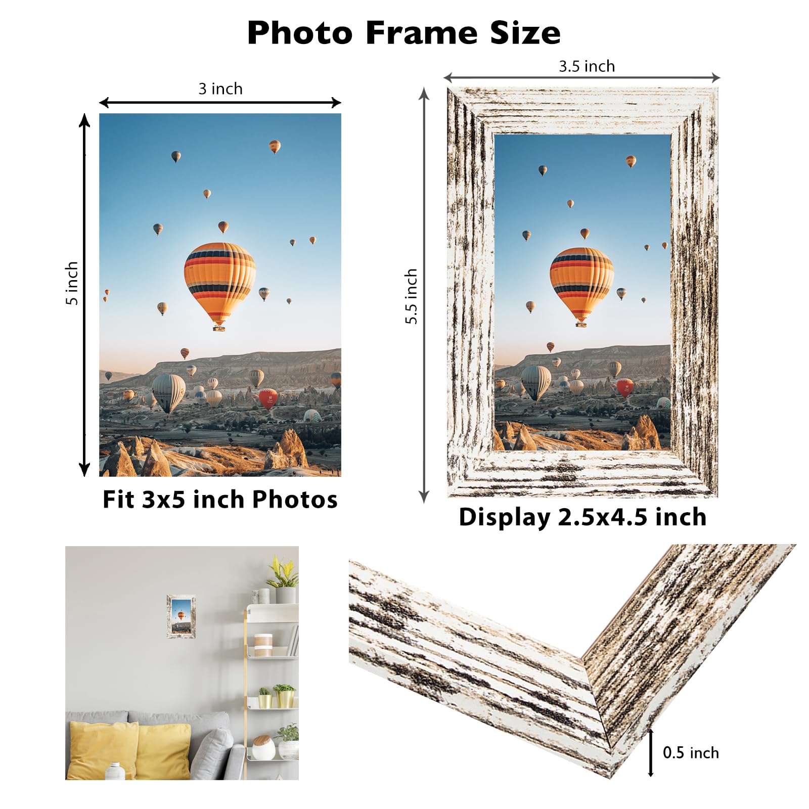JCJMY 3x5 Picture Frame for Tabletop, 3 x 5 Photo Frame with Shatter Resistant Plexiglass, Sturdy 3 by 5 Poster Frame, Rustic Wh