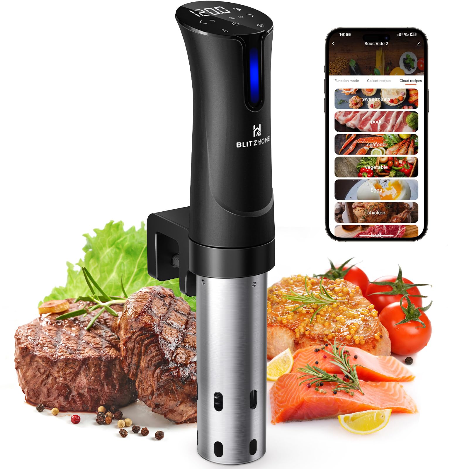 BLITZHOME Sous Vide Machine, WiFi APP Included, 1100W Sous Vide Cooker with Accurate Temperature & Timer, Ultra Quiet Stainless 