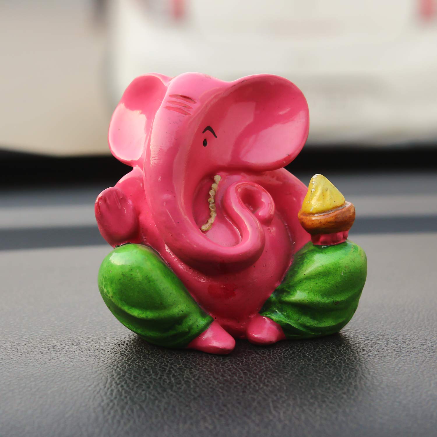 Ecraftindia Decorative Lord Ganesha Showpiece (Polyresin, 8 Cm X 9 Cm, Pink And Green, Msggcar503)