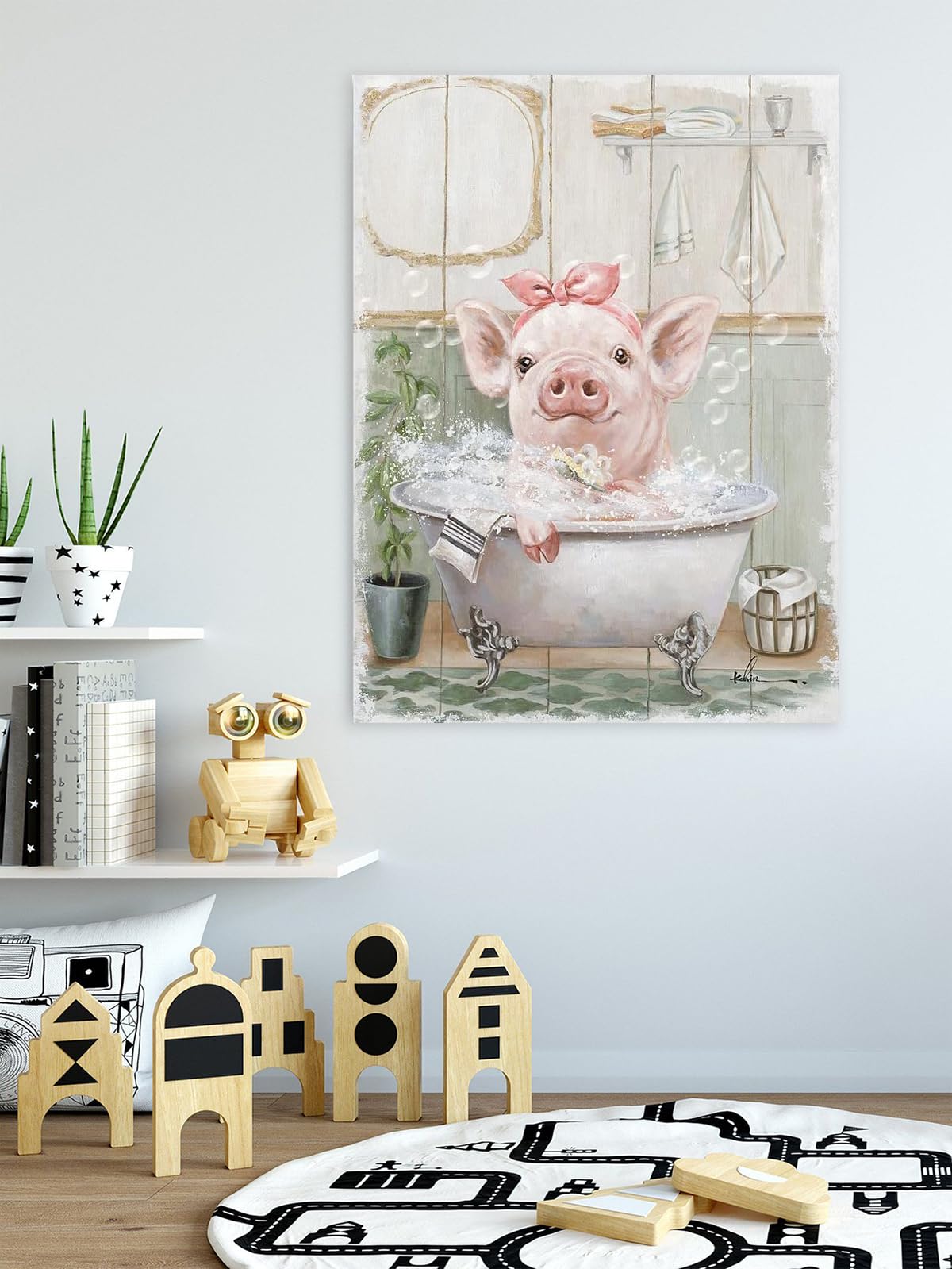 Pink Pig Bathroom Wall Art Pink Bathroom Decor Cute Animal Framed For Bedroom Living Room Kitchen And Kids Bathroom(16''X24''X1