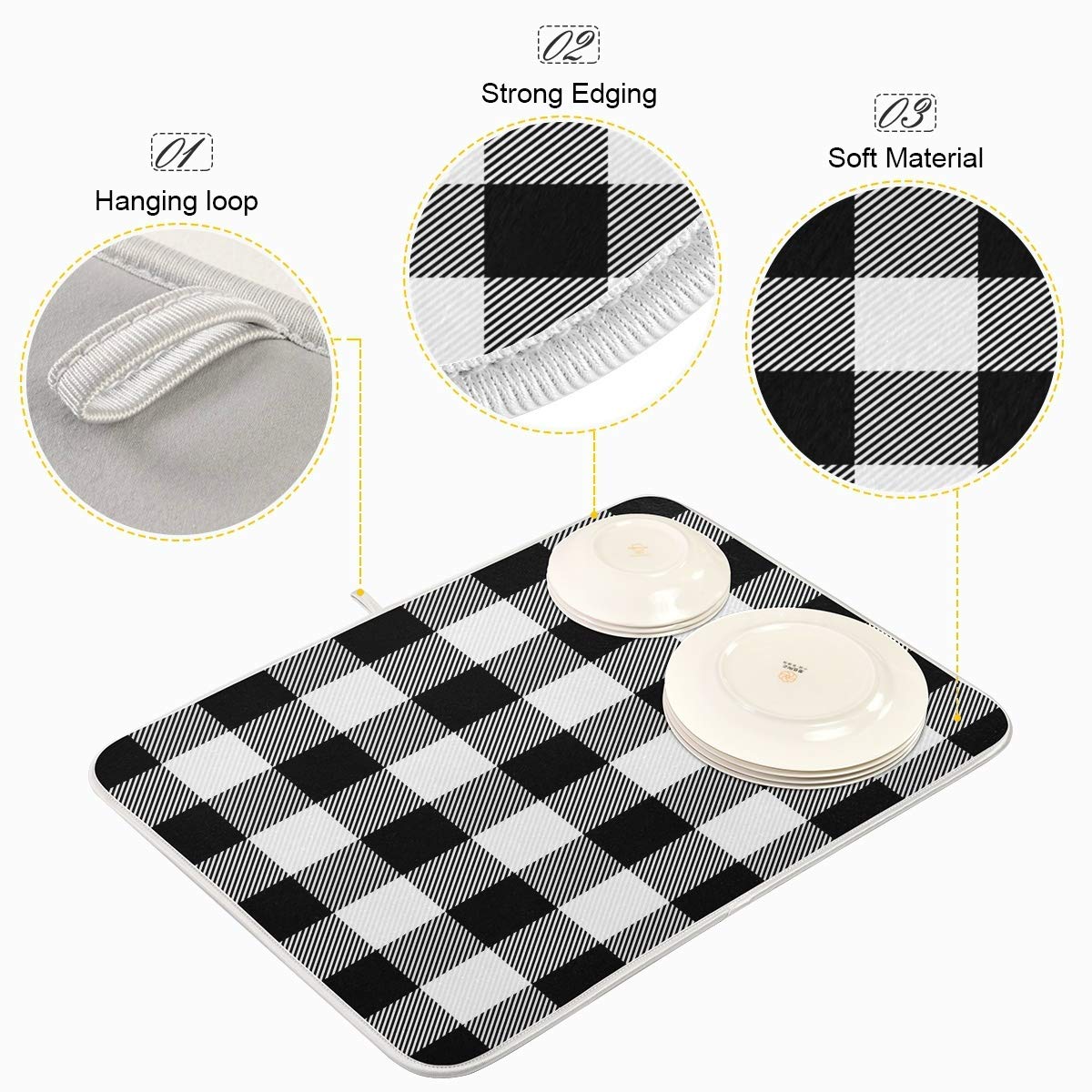 White And Black Buffalo Plaid Dish Drying Mat 18X24 For Kitchen Classic Buffalo Check Dishes Pad Dish Drainer Rack Mats Absorben