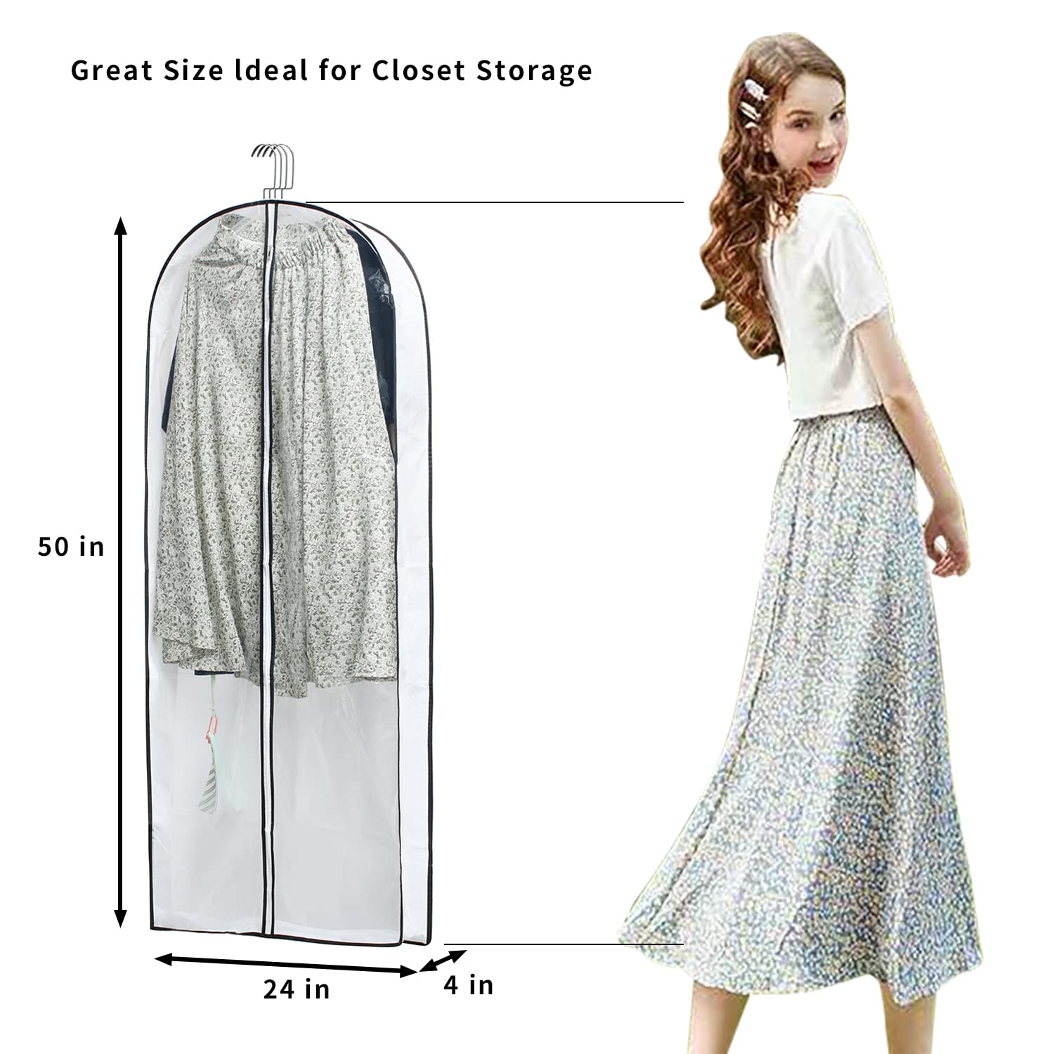MsKitchen Hanging Clothes Bag with 4'' Gusseted Garment Bag (Set of 6) for Storage Suit Bag for Closet Clear Garment Bags Dress Covers for Gown  Long Coats  Long Dresses - 24''x 50''x 4''/ 6 Pack