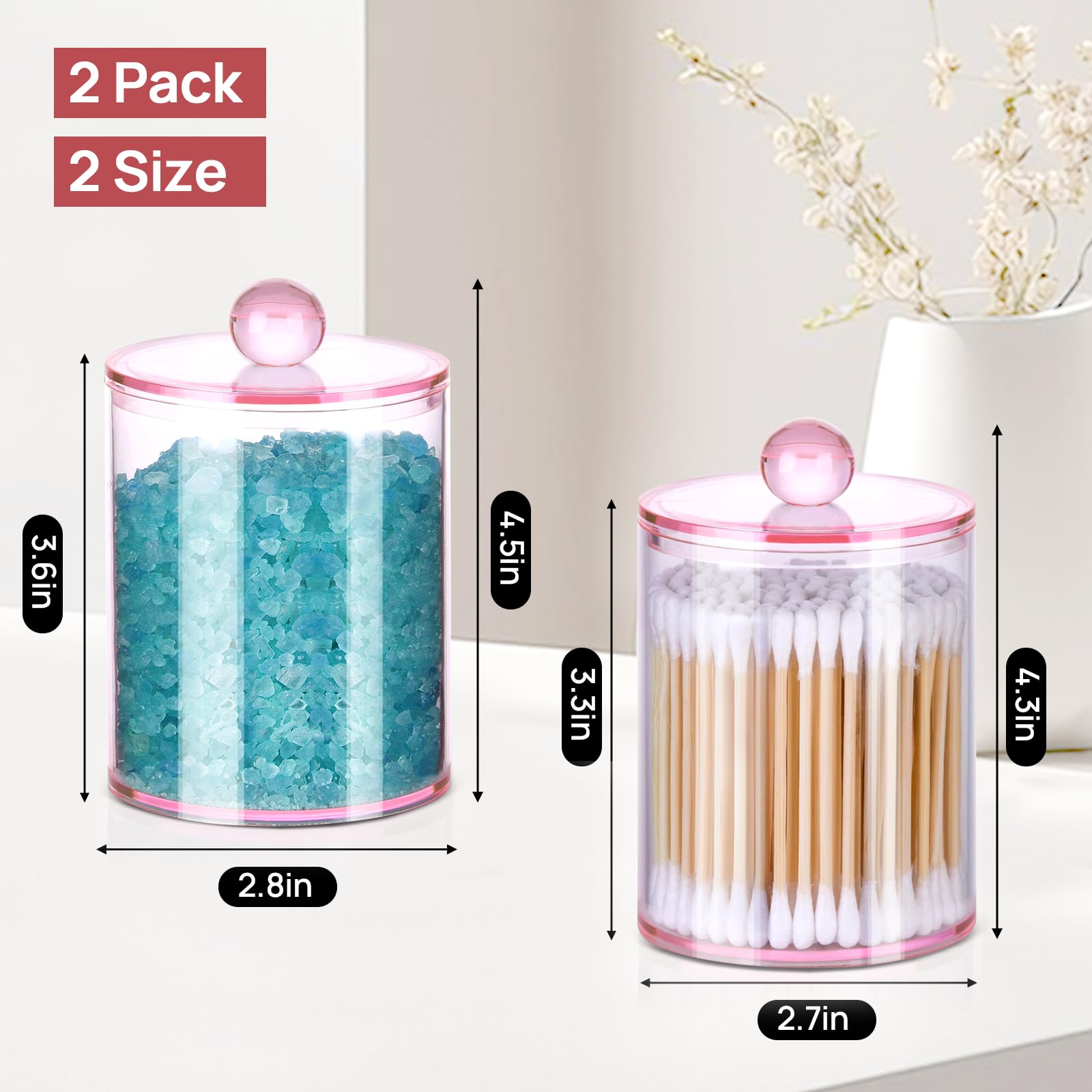 Xipengkeji Qtip Holder Dispenser, 2 Pack 10 Oz, 12 Oz Plastic Apothecary Jar Set For Bathroom Canister Storage Organization,Vani