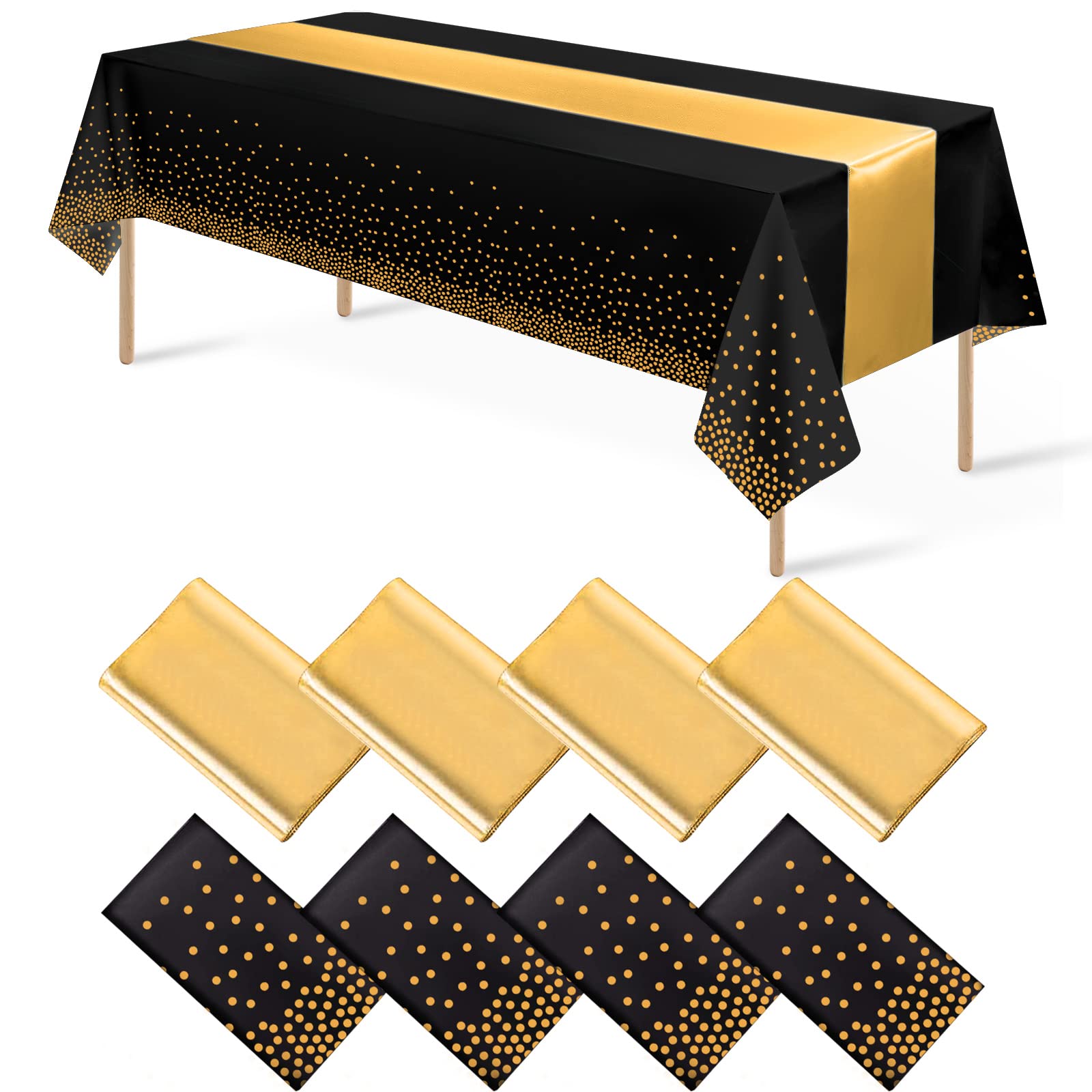 8Pack Disposable Plastic Tablecloths And Satin Table Runner Set Black Gold Dot Table Cloth Gold Satin Table Runner For Graduatio