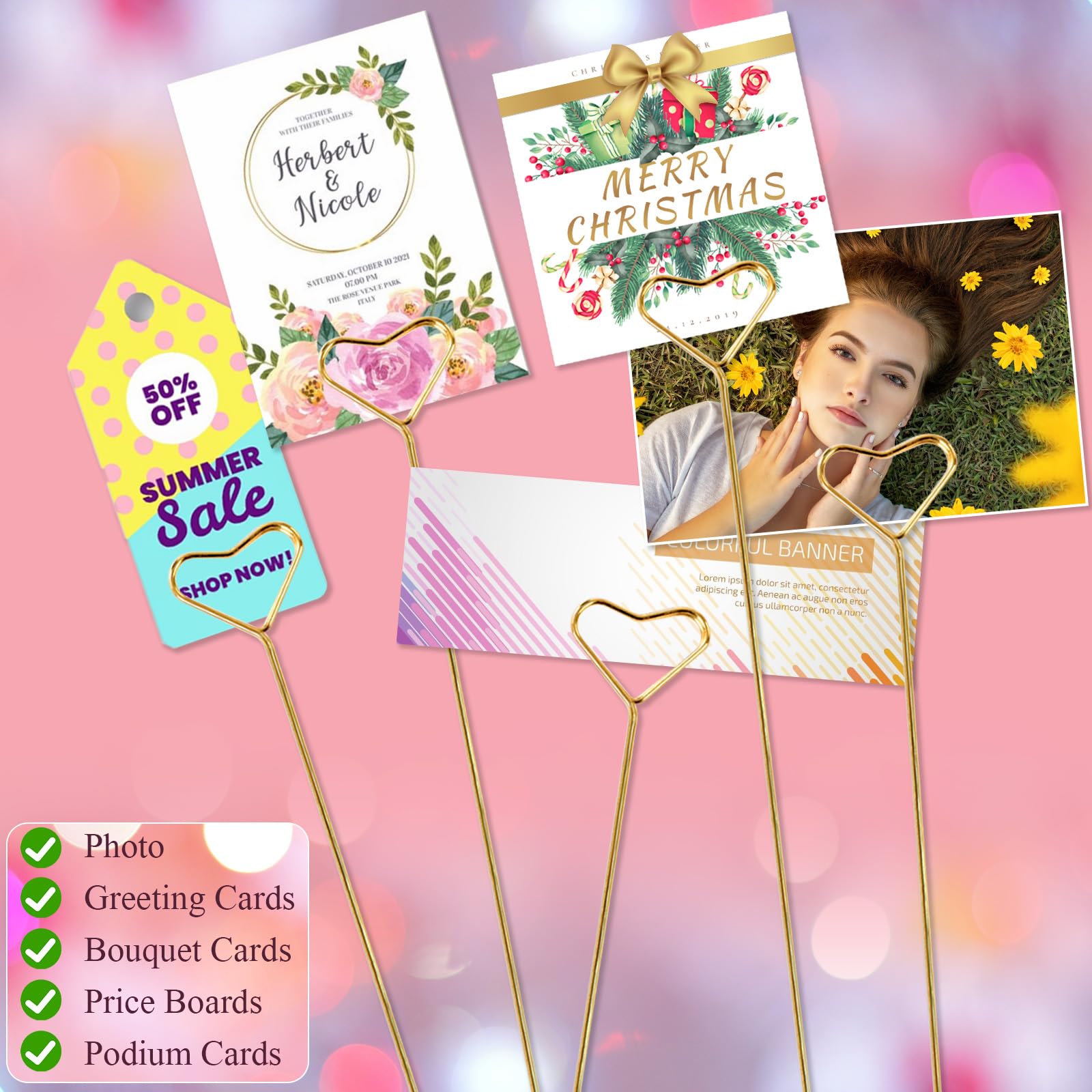 Rimoev 40 Pcs Floral Card Holder Picks, Heart Picture Holders, Photo Holder Pick Stick, Gold Floral Place Card Holder, Floral Pi