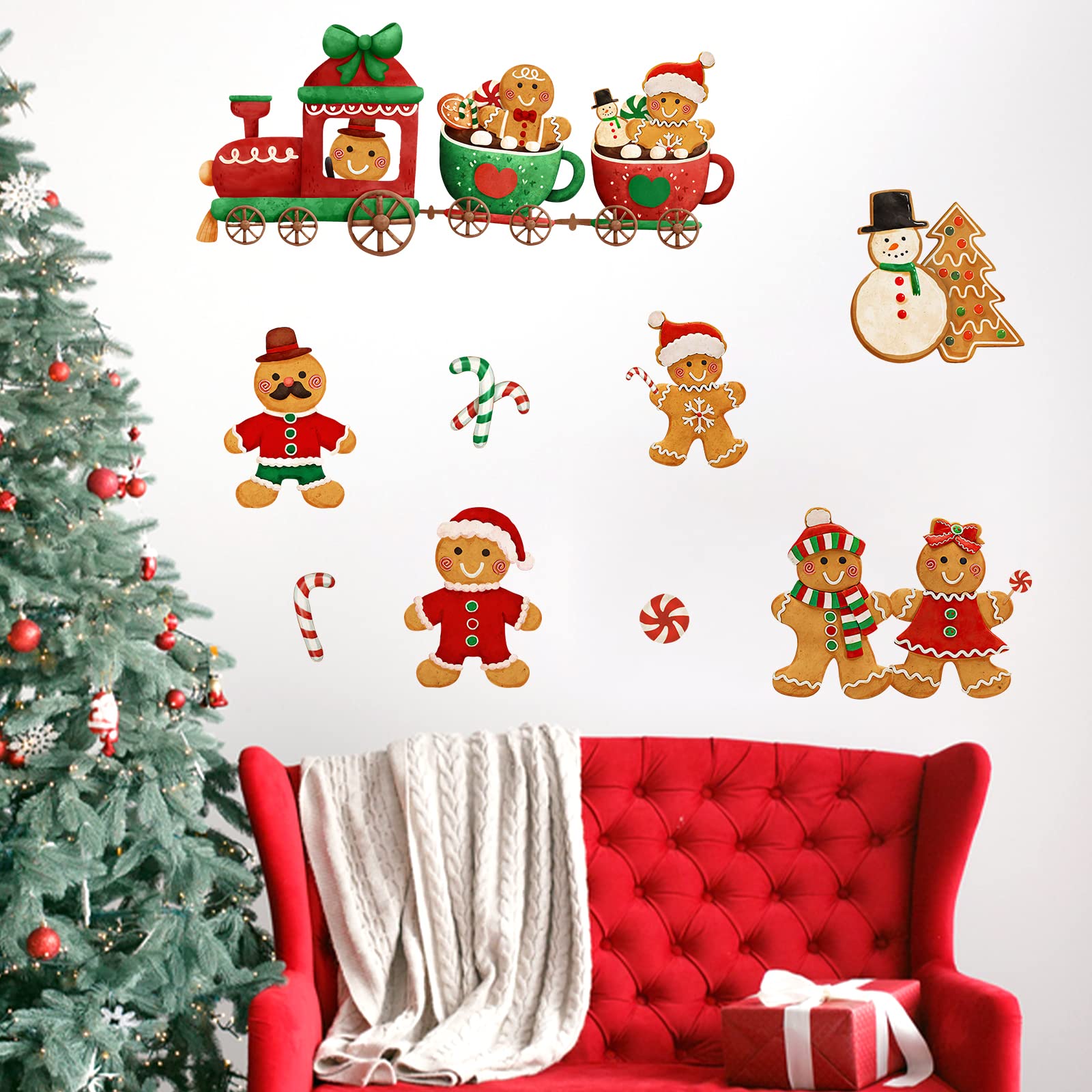 Yovkky Christmas Gingerbread Man Wall Decals Stickers, Xmas Snowman Santa Claus Winter Home Bedroom Decor, 2024 New Year Candy C