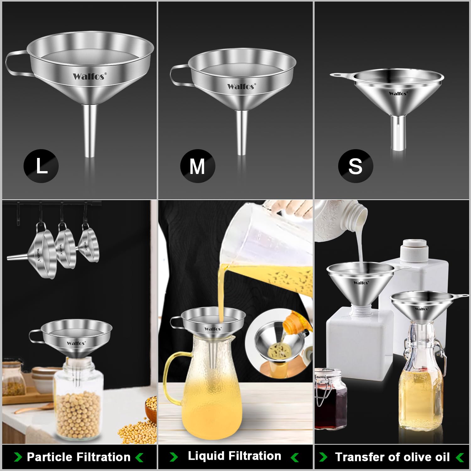 Stainless Steel Funnel, Walfos 3 Different Sizes Of Kitchen Funnels With 2 Removable Strainer & 1Pcs Cleaning Brush, For Transfe