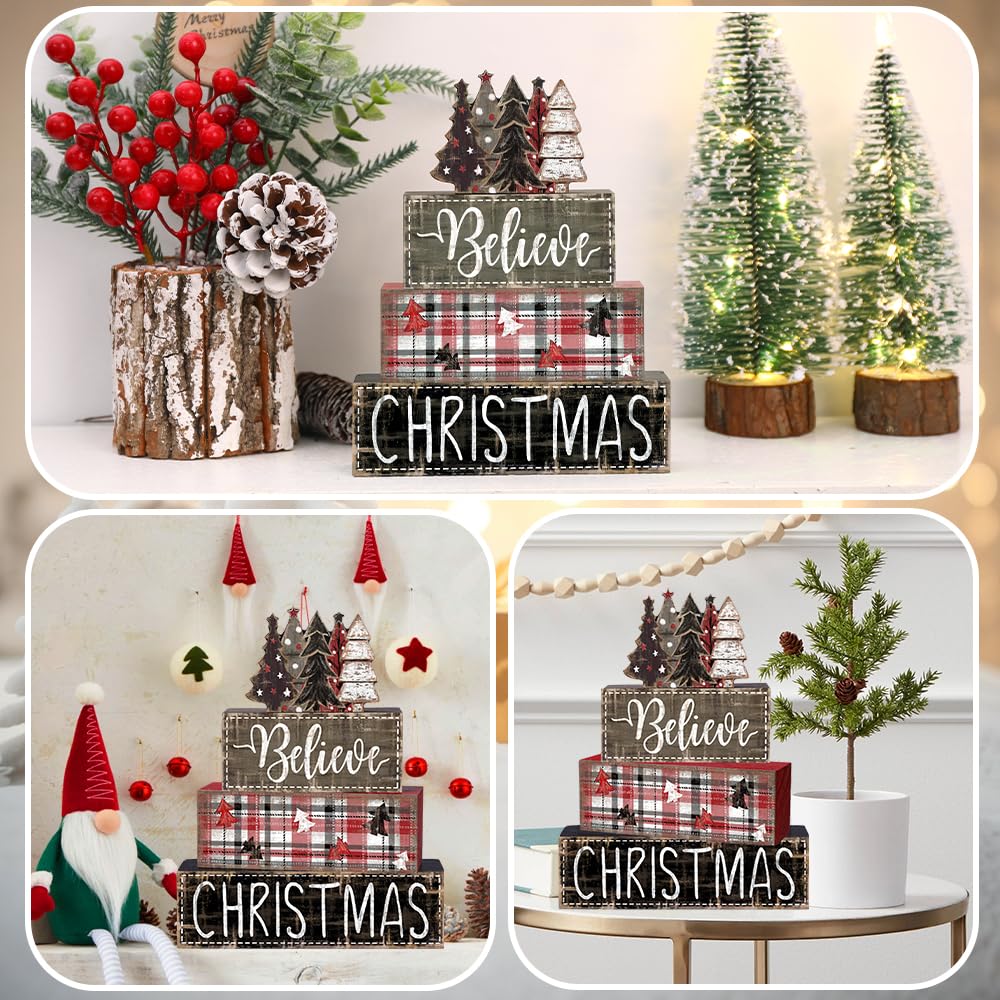 DIYDEC 4Pcs Fall Table Decor Fall Wood Block Signs Maple Leaves Sign Autumn Tiered Tray Decor Thanksgiving Centerpieces Signs fo