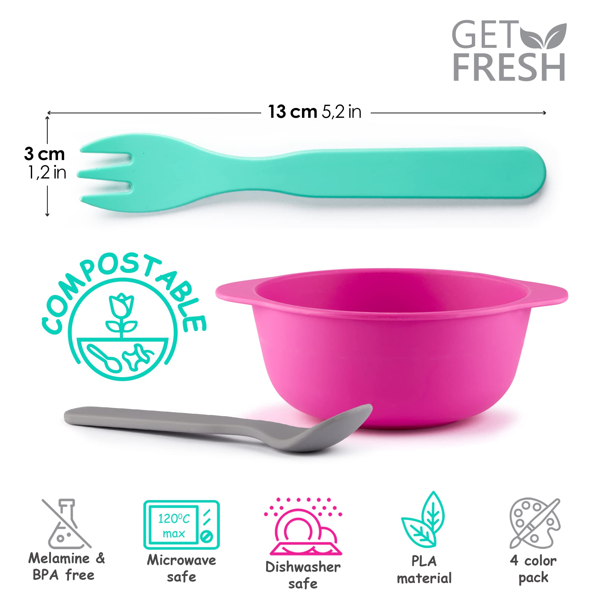 GET FRESH PLA Kids Spoons and Forks Set - 8-Pack Melamine Free Utensils for Kids & Toddlers - Biodegradable Childrens Cutlery Sp