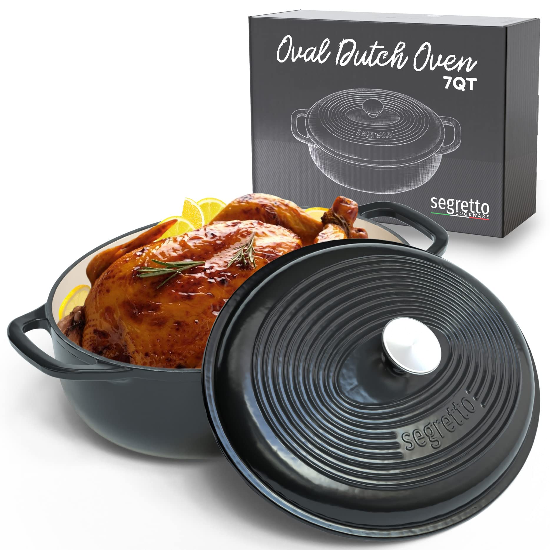 Segretto Cookware Enameled Oval Cast Iron Dutch Oven With Handle, 7 Quarts, Nero (Black), 7Qt Dutch Oven Cast Iron Pot With Lid