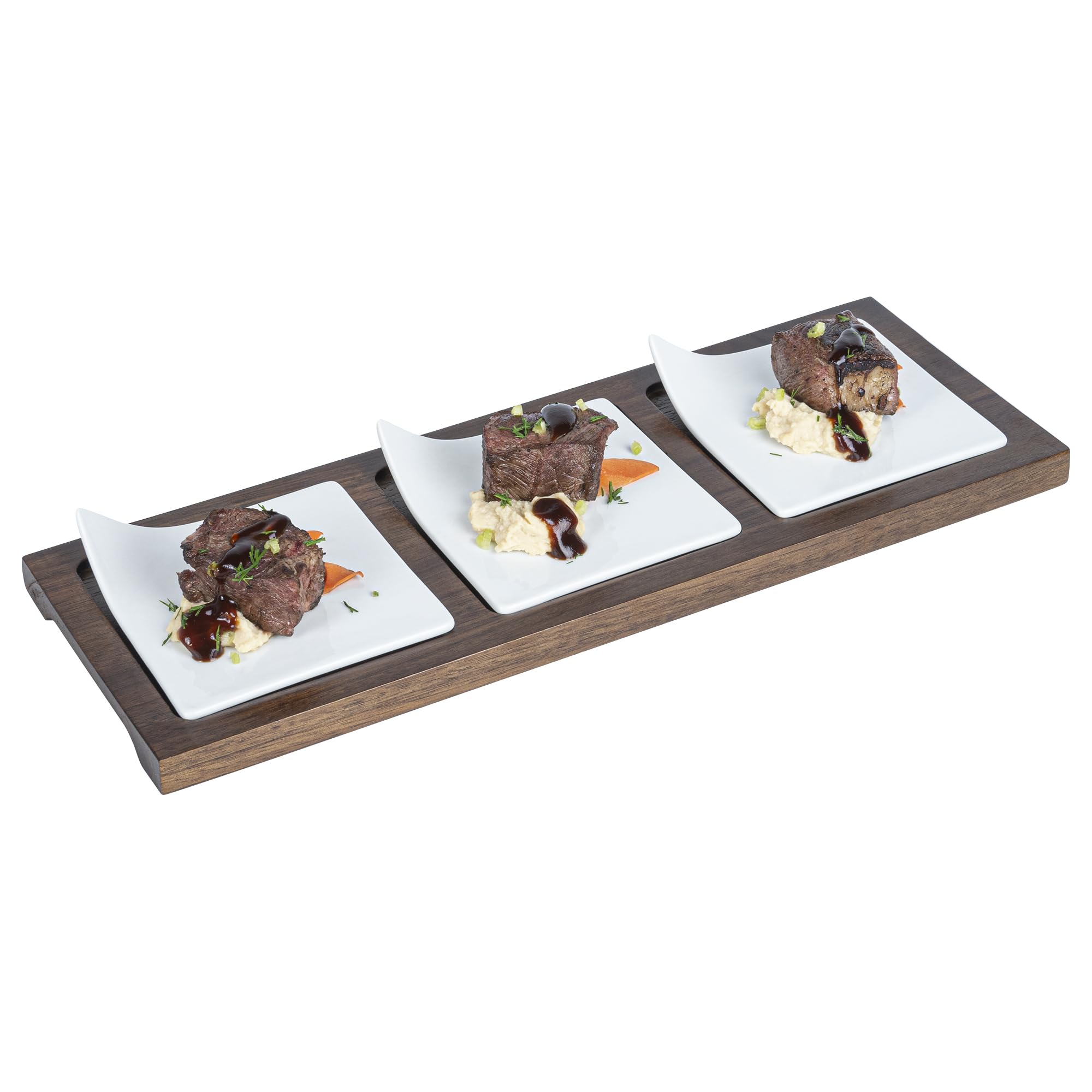 Restaurantware 14.2 X 5.1 X 1.5 Inch Square Plate Set With Tray - 1 Dishwashable Serving Tray Set Includes 3 Porcelain Plates An