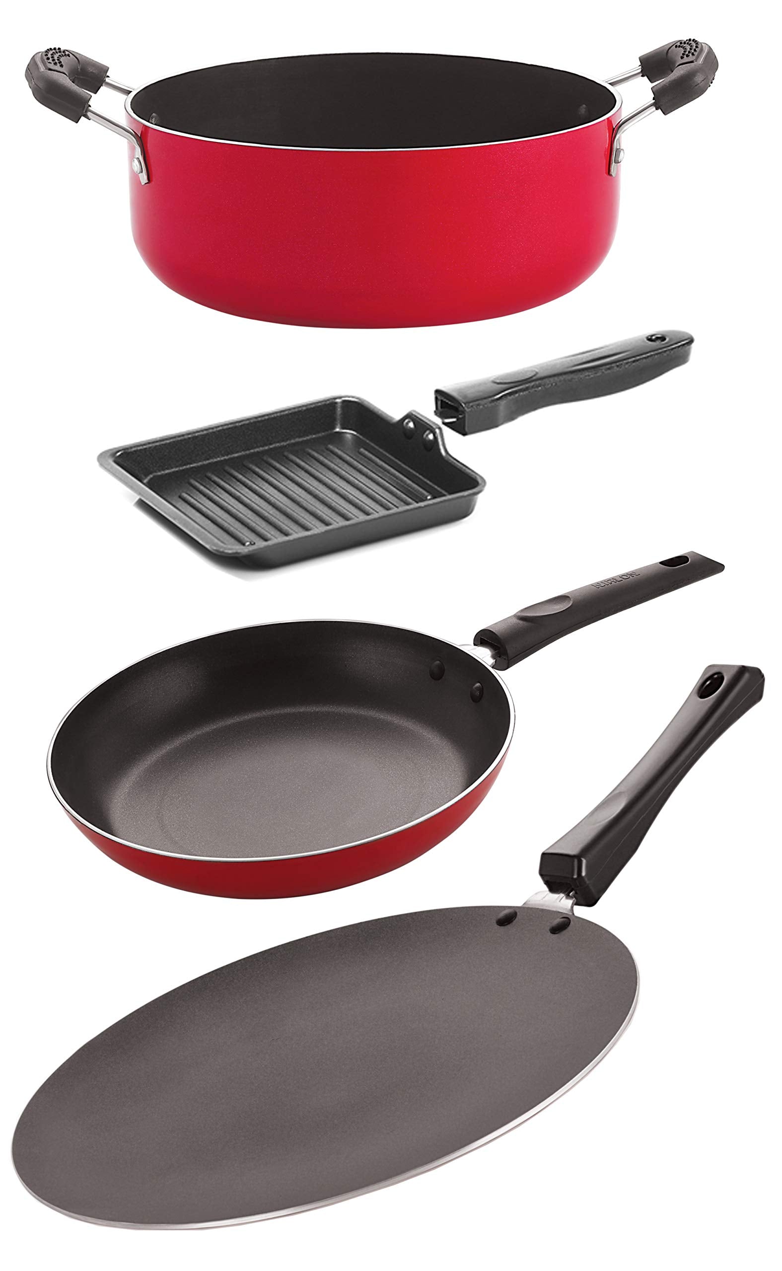 Nirlon Nonstick Cooking Pan And Pot Utensils Gift Kitchen 4 Pieces Sets (Concave Tawa 27.5Cm + Tapper Pan 1 Ltr + Small Grill Pa
