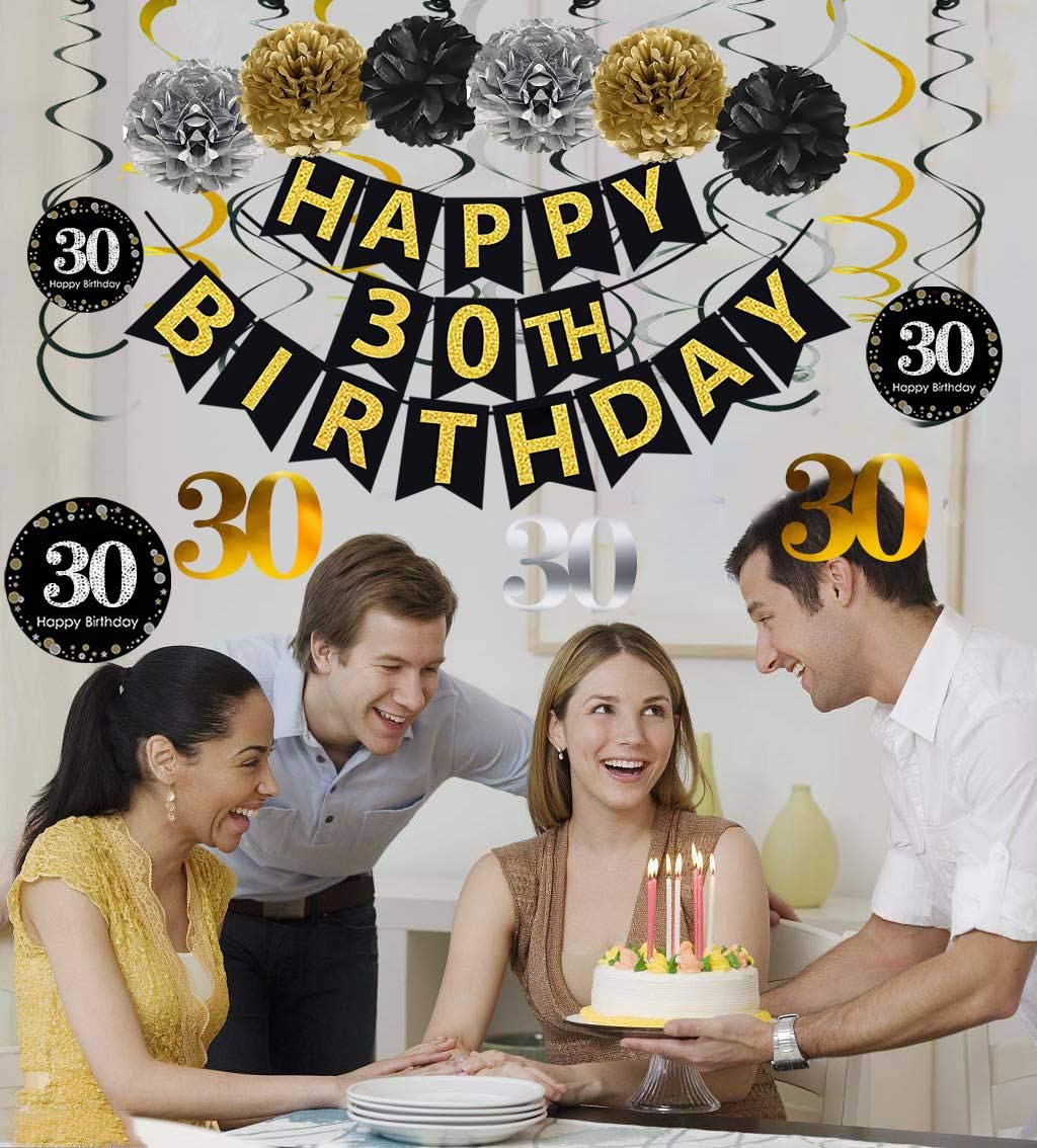 Famoby Black & Gold Glittery Happy 30Th Birthday Banner,Poms,Sparkling 30 Hanging Swirls Kit For 30Th Birthday Party 30Th Annive