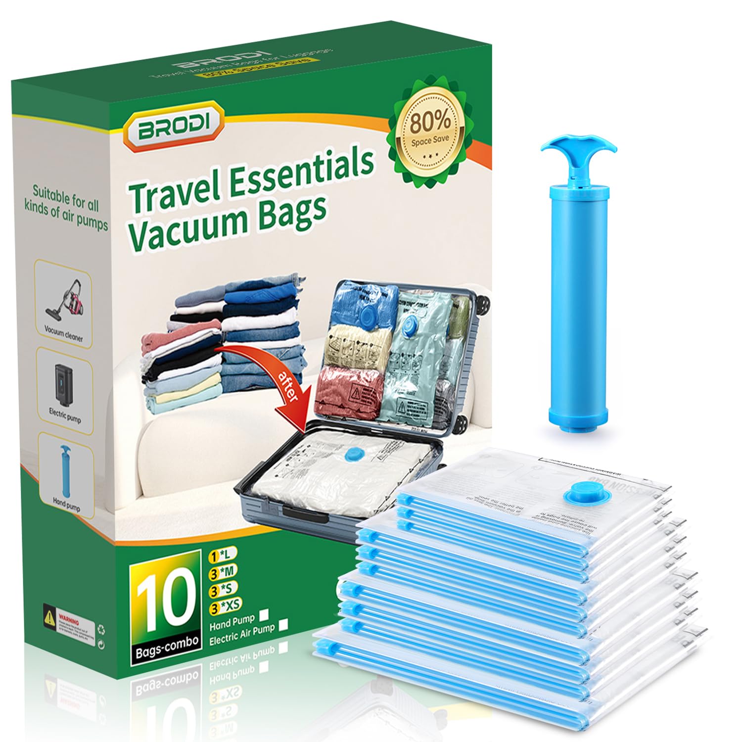 Brodi Travel Vacuum Bags With Pump - Compression Bags For Travel,Vacuum Storage Bags For Space Saver & Travel Essentials,Vacuum