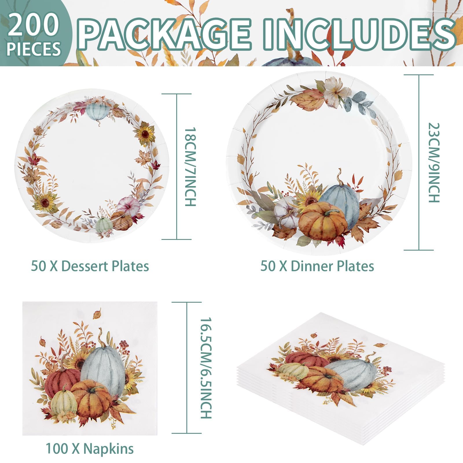 Grencian 200pcs Fall Paper Plates and Napkins Party Supplies Autumn Pumpkin Party Tableware Set Disposable Plates 350GSM Thanksg