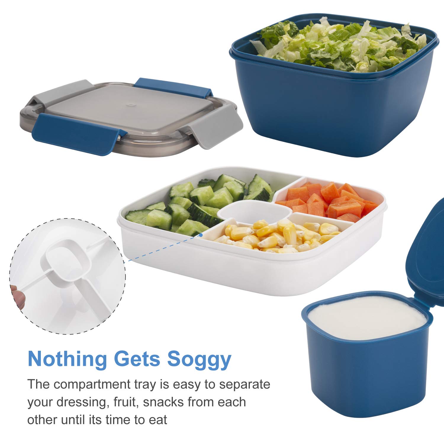 Freshmage Salad Lunch Container To Go, 52-Oz Salad Bowls With 3 Compartments, Salad Dressings Container For Salad Toppings, Snac