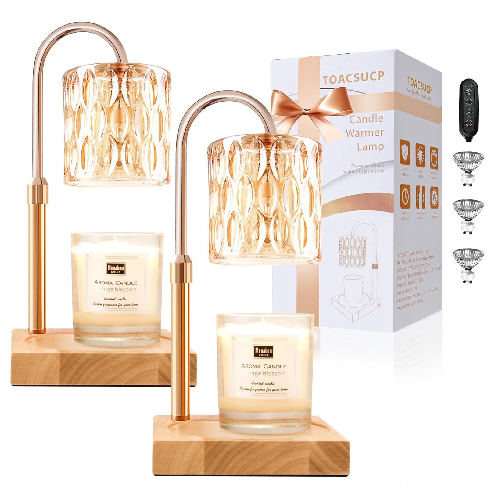 TOACSUCP Candle Warmer Lamp with 3 Bulbs, Adjustable Height Dimmable Candle Warmer with Timer, Compatible with Large Jar Candles