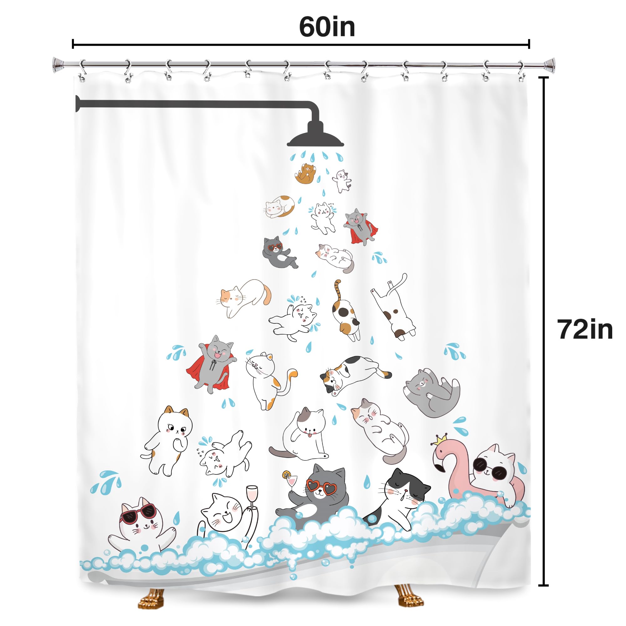SVBright Cute Cat Shower Curtain 60Wx72L Inch Kids Funny Cartoon Raining Kitty Animal Hilarious Pets Playing Water Kawaii Boys Girl 12 Pack Hooks Polyester Waterproof Fabric Bathroom Bathtub Panels