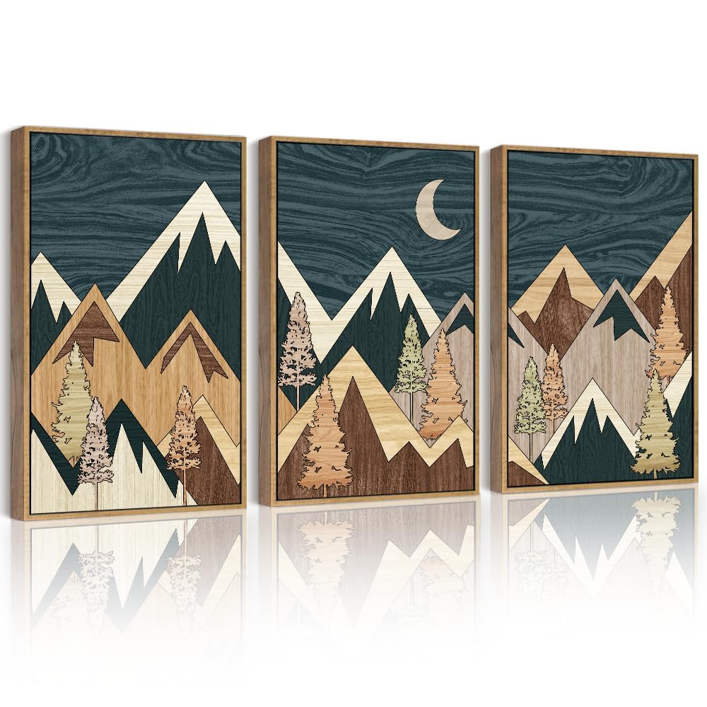 Phopago Blue Morden Mountains Framed Wall Art 16X24In Boho Woodcut Pine Tree Forest Nature Landscape Artwork Farmhouse Rustic Ho