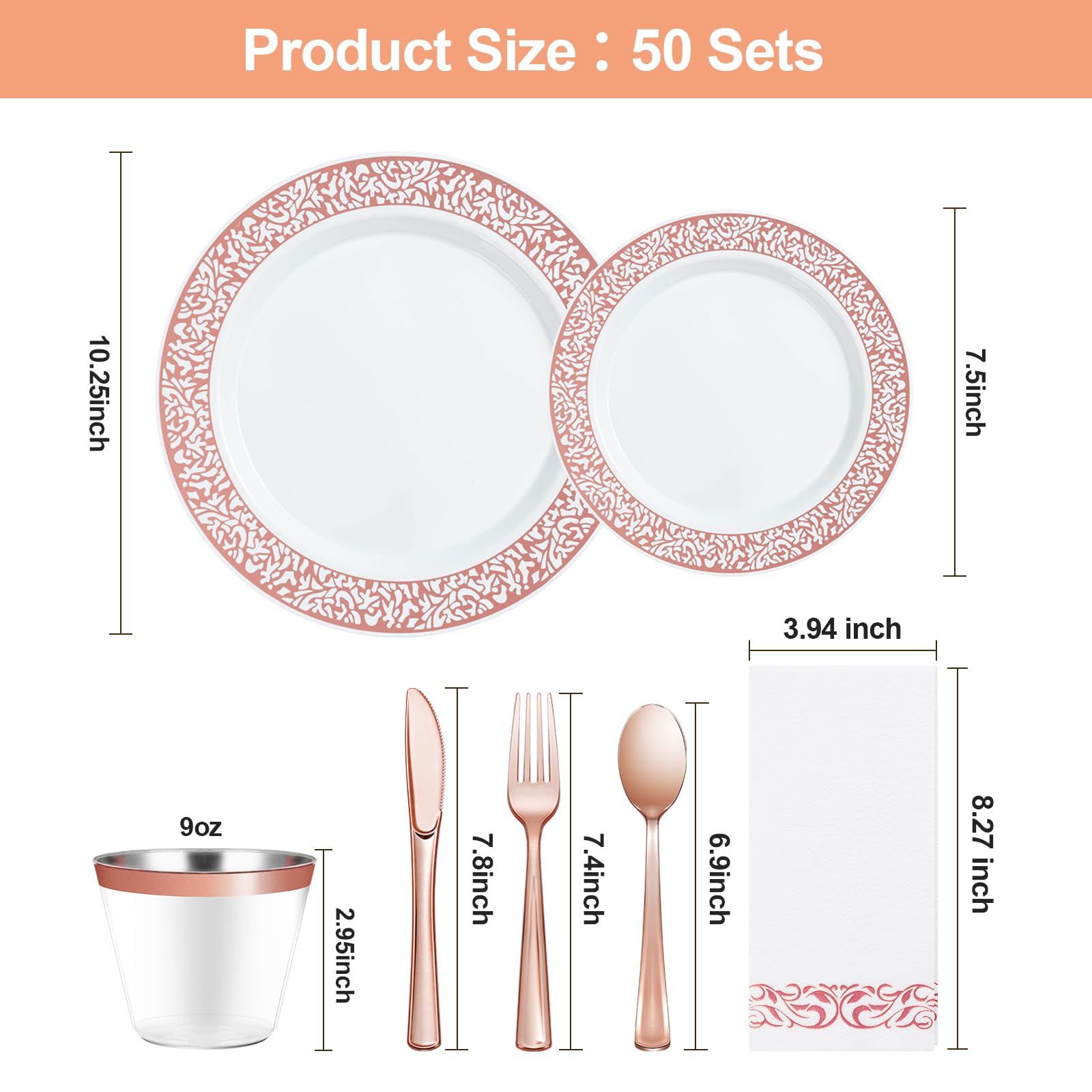 Bestluck 350Pcs Rose Gold Plastic Dinnerware Set For 50 Guests, Disposable Plates For Valentine'S Day, Include 50 Rose Gold Dinn