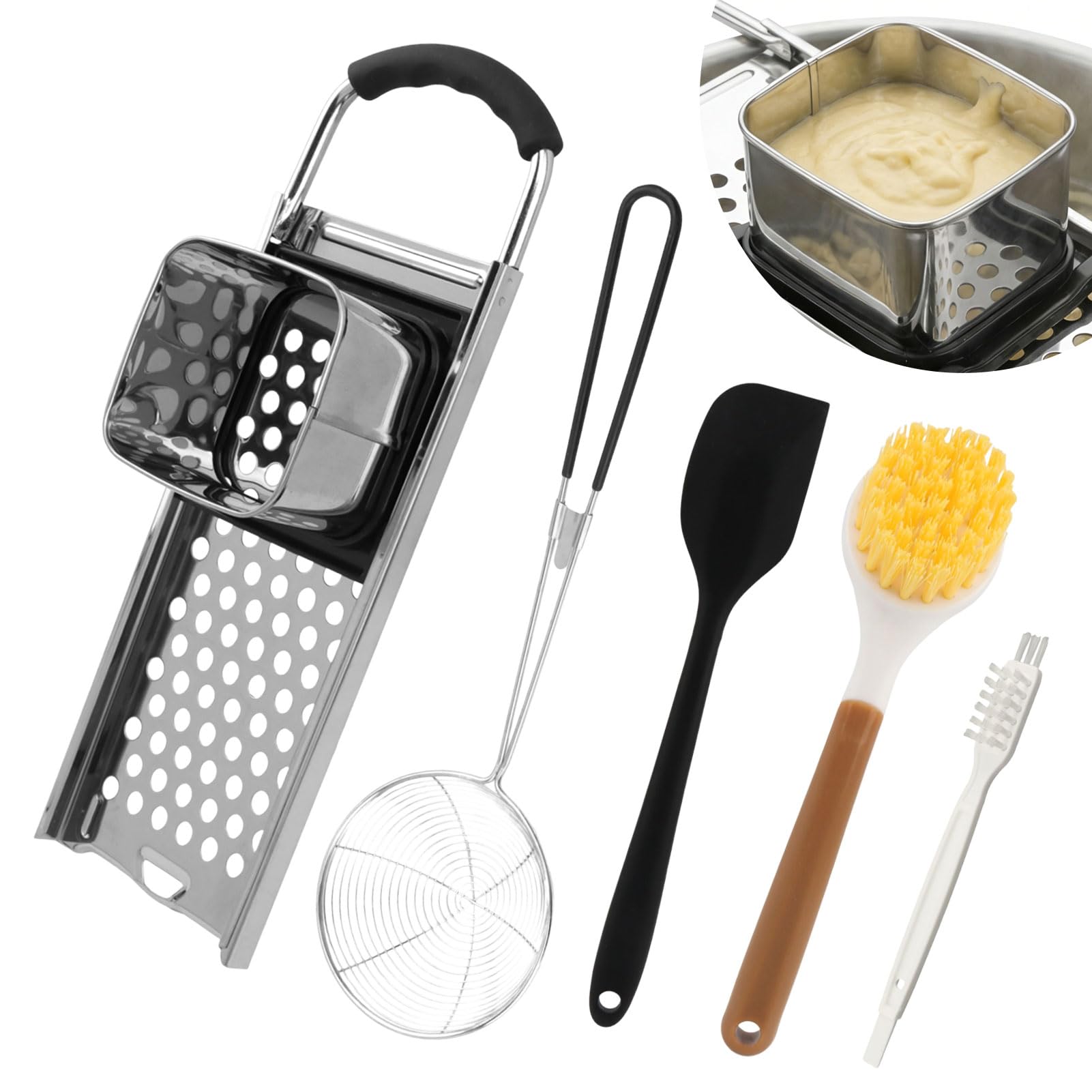 Stainless Steel Spaetzle Maker with Comfort Grip Handle set, Includ Spider Strainer, Cleaning Brush, Silicone Spatula and Pan Br