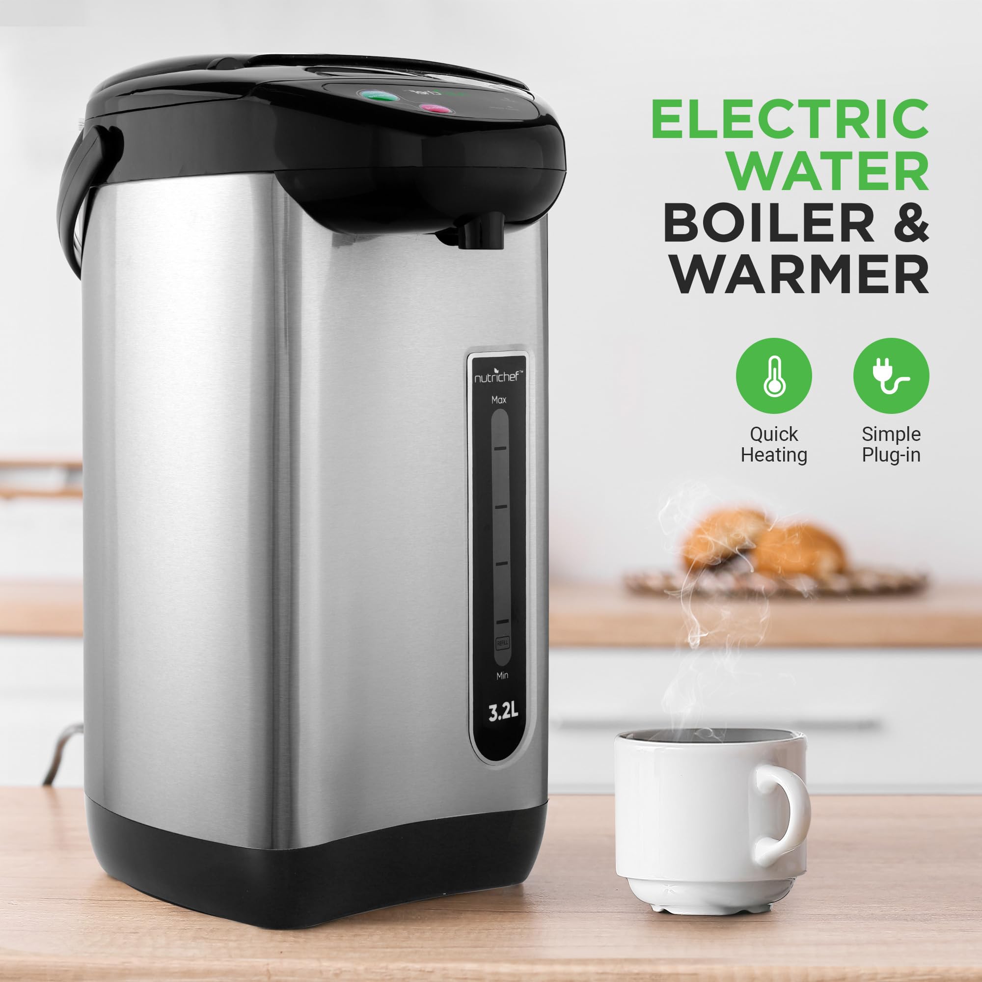 Nutrichefkitchen Hot Water Urn Pot Insulated Stainless Steel,Auto & Manual Dispense,Auto Boiler,Safety Lock Shutoff 3.38 Qt /3.2