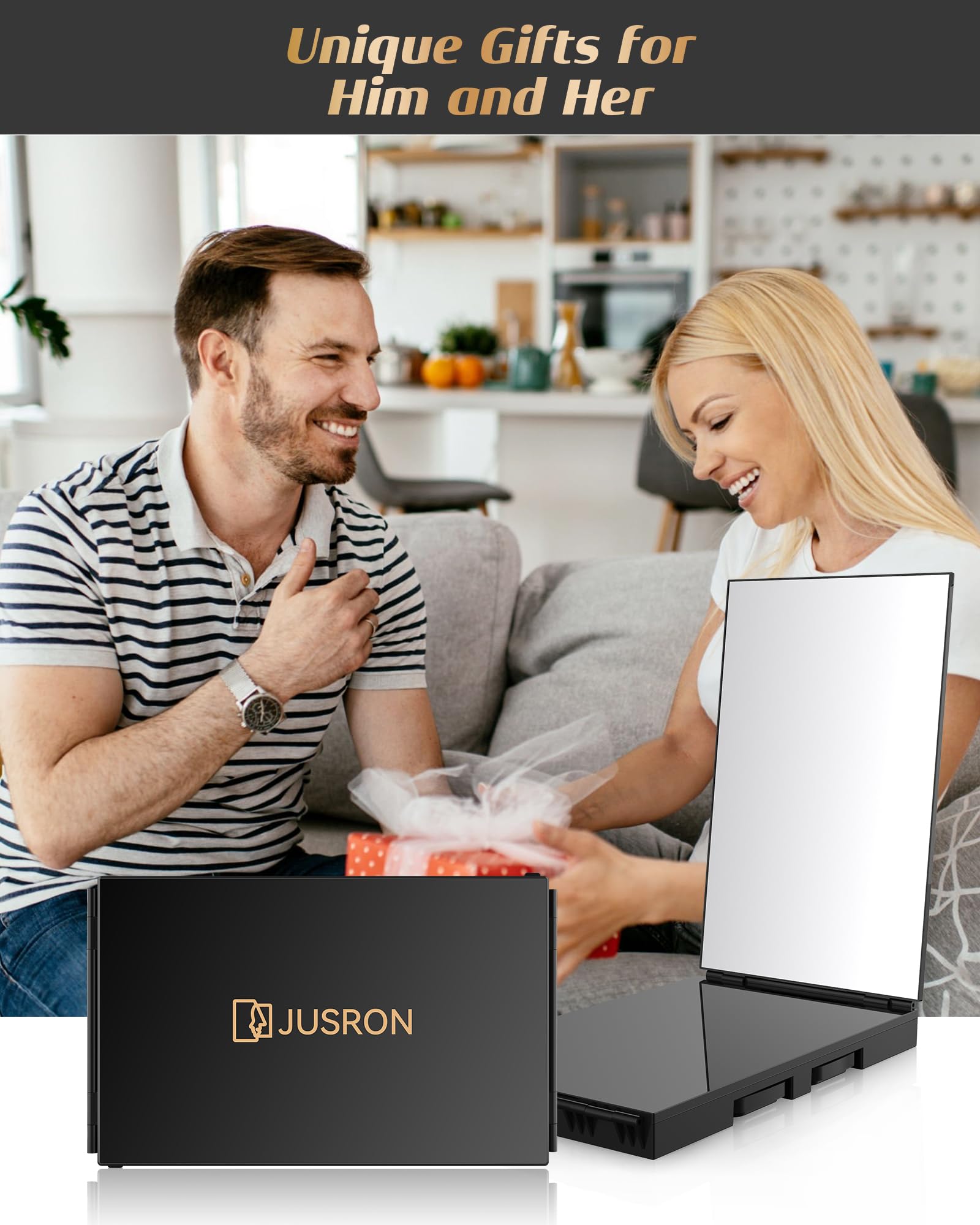 Jusron 3 Way Mirror For Hair Cutting, 360 Mirror With Height Adjustable Hooks For Door, Bathroom, Portable Trifold Shaving Barbe