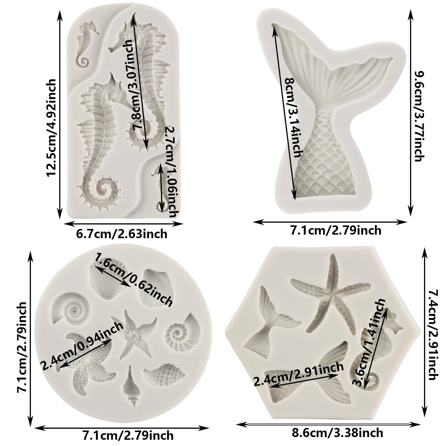 Mypracs Marine Theme Fondant Molds Seashell Conch Seahorse Starfish Mermaid Tail Silicone Mold For Sugar Cake Decoration Cupcake
