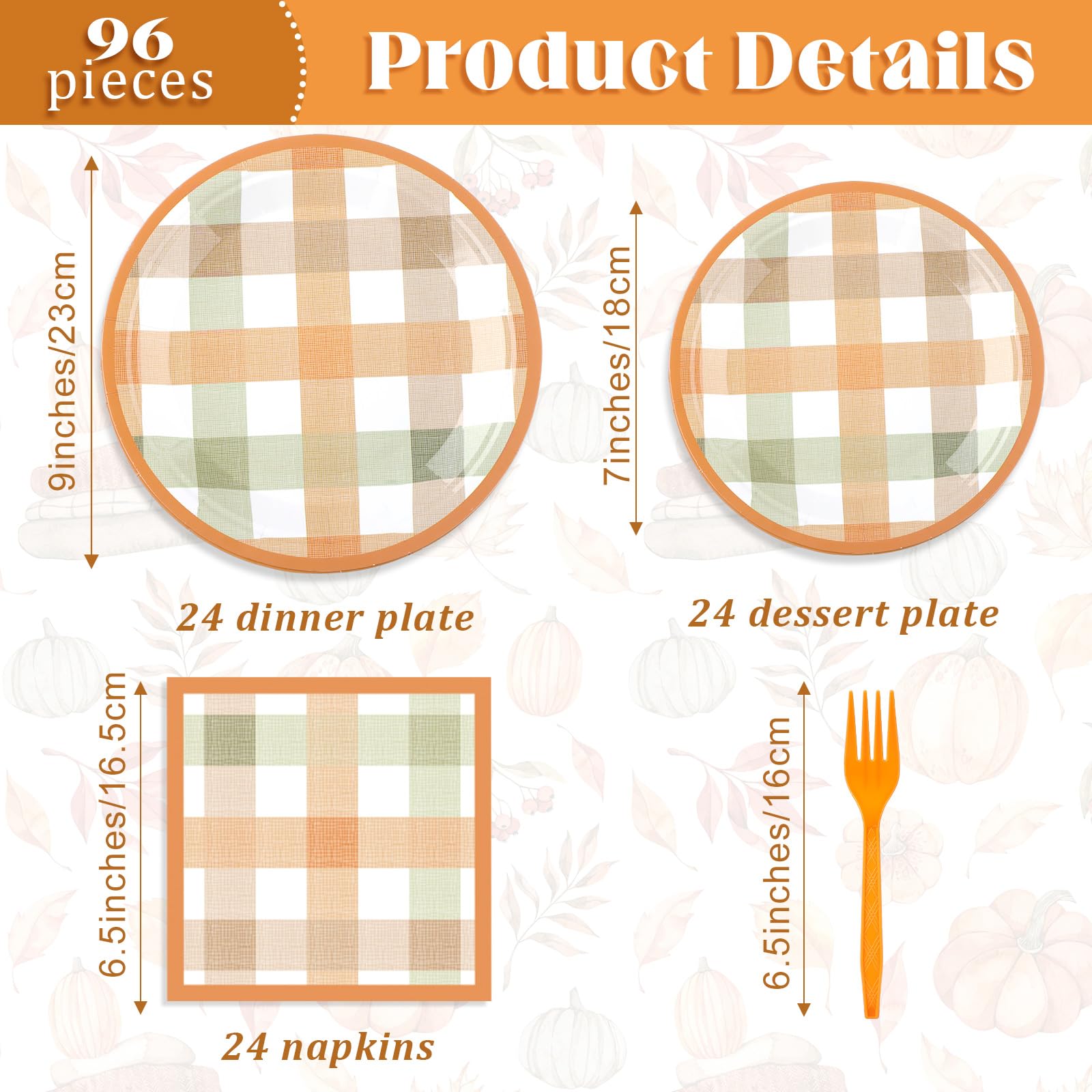 Honeydak 96 Pcs Fall Orange Plaid Party Supplies Thanksgiving Paper Plates and Napkins Fork Autumn Disposable Dinnerware Set Fal
