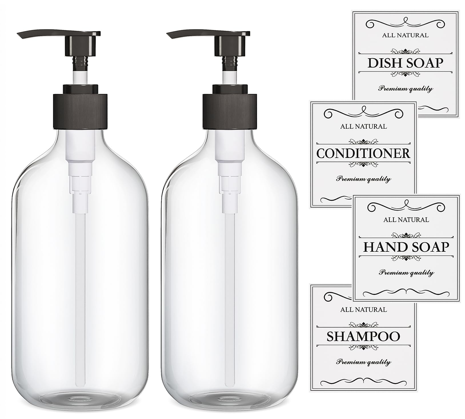 2Pcs Clear Dish Soap Dispenser For Kitchen With Rust Proof Pump (16 Oz), Premium Hand Soap Dispenser For Bathroom, Plastic Liqui