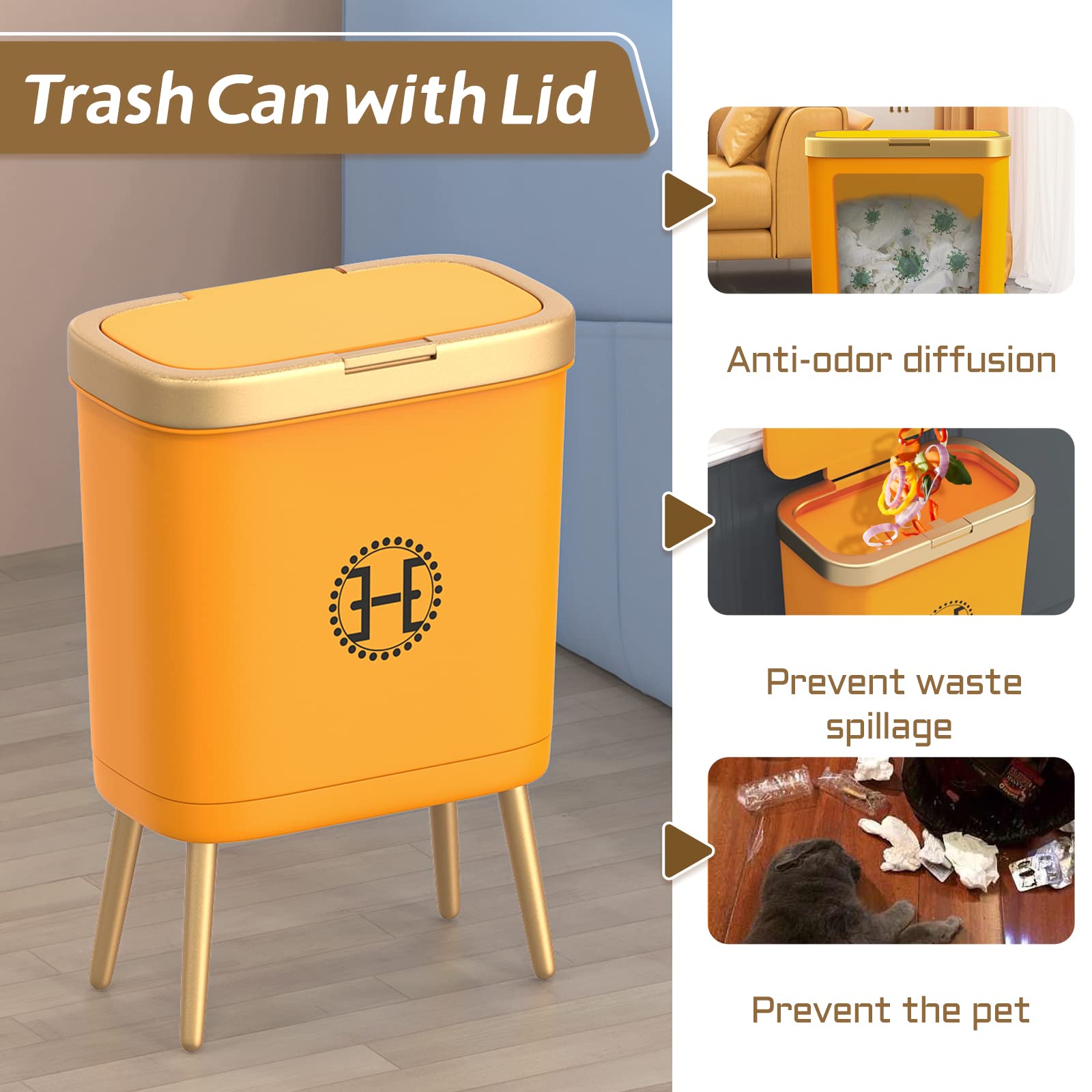 Bedroom Trash Can With Lid,Slim Bathroom Cans Lids, Dog Proof Press Top Lid,Modern Gold Plastic Waste Basket For Living Room, Of