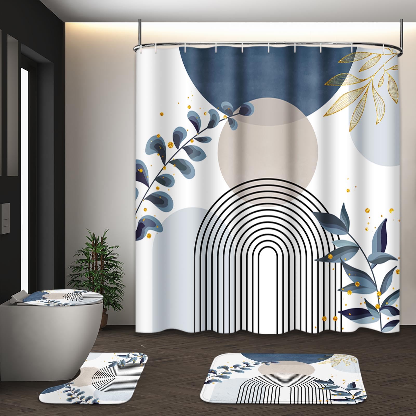 Tayney Boho Blue Mid Century Shower Curtain Set With Toilet Lid Cover And Non-Slip Rugs, Abstract Bohemian Gold Leaves Plant 4 P