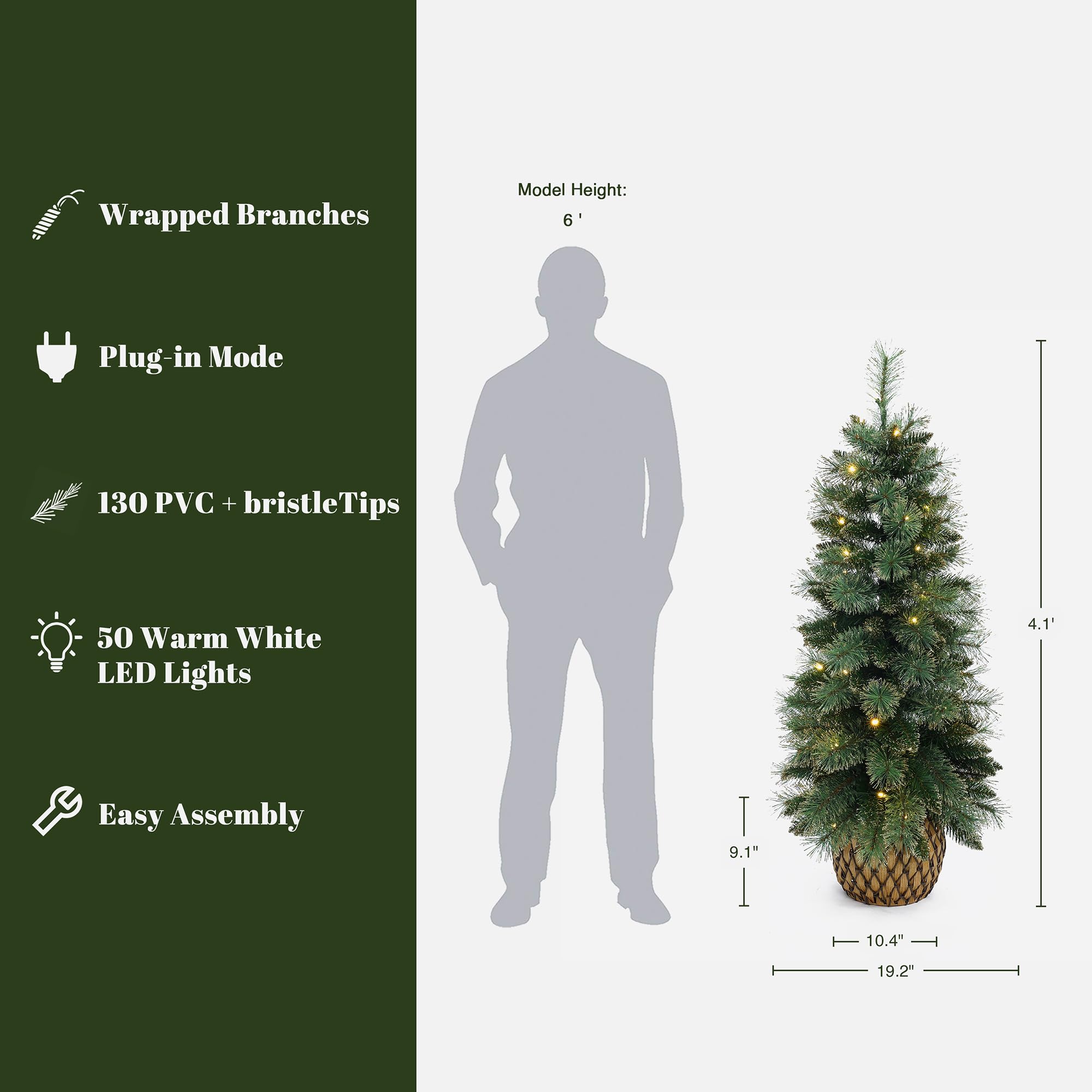 LuxenHome 4FT Small Christmas Tree, Prelit Slim Potted Artificial Christmas Trees with 50 Warm White LED Lights, Realistic Faux