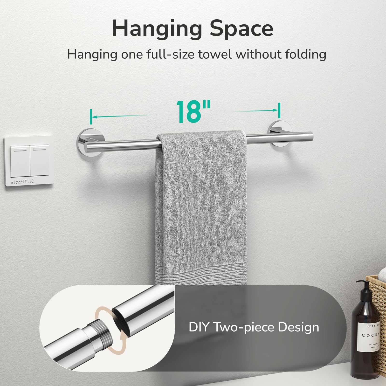 USHOWER Polished Chrome Towel Bar  16-Inch Towel Racks for Bathroom Wall-Mounted  SUS304 Stainless Steel Towel Rod Modern Home Decor (Total Length 18-Inch)