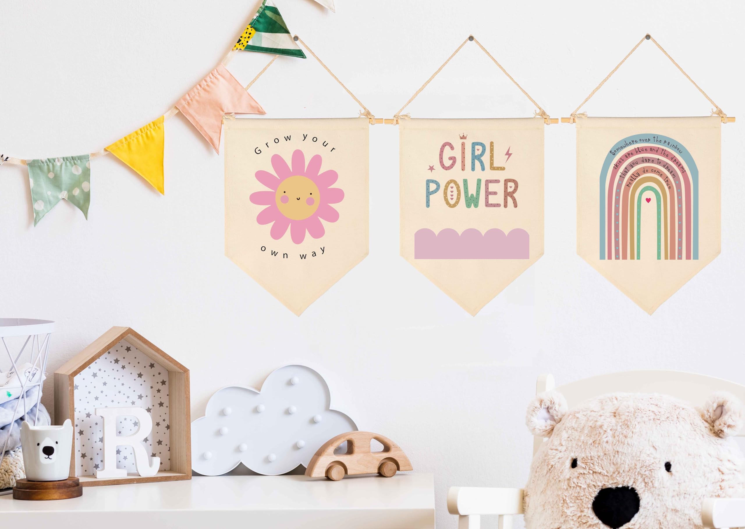 Girl Power-Grow Your Own Way-Canvas Hanging Pennant Flag Banner Wall Sign Decor Gift for Baby Boys Girls Kids, Gifts for Nursery