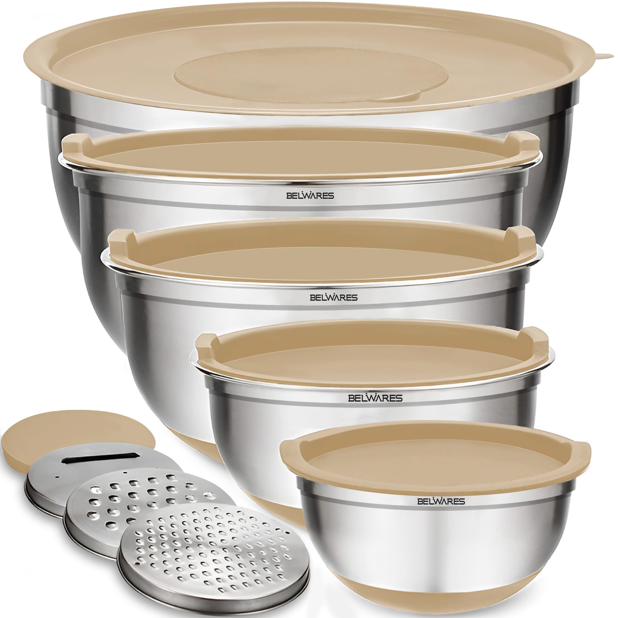 Belwares Mixing Bowls With Lids Set Of 5 - Stainless Steel Nesting Bowls With Non-Slip Silicone Bottoms, Airtight Lids & 3 Grate