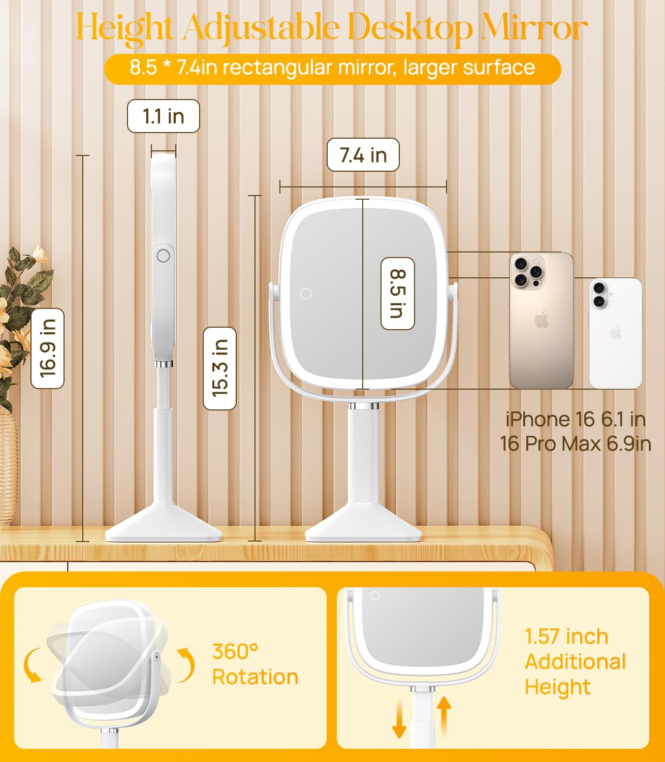 Gospire Rectangle Lighted Makeup Mirror With Lights 3 Color, Height Adjustable And 1X/7X Magnifying, 2000Mah Rechargeable Batter