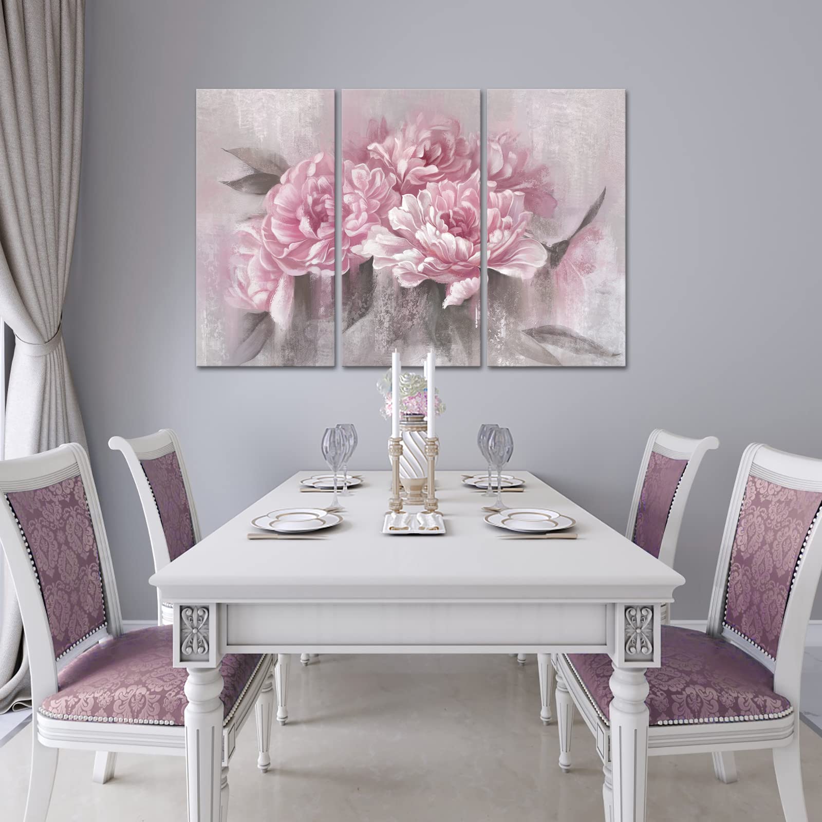 sechars 3 Piece Flower Wall Art Canvas Pink Peony Floral Painting Picture Vintage Blossom Art Prints for Living Room Girl Bedroom Decor for Living Framed Ready to Hang Each Piece 16x32inch